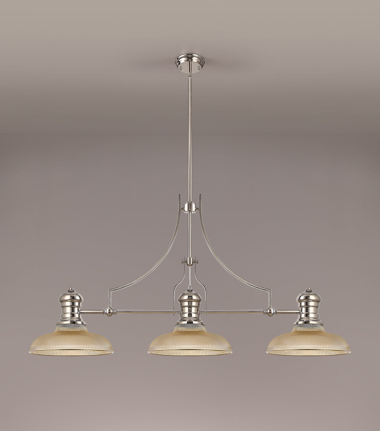 Munro 3 Light Linear Pendant E27 With 30cm Round Glass Shade, Polished Nickel, Amber