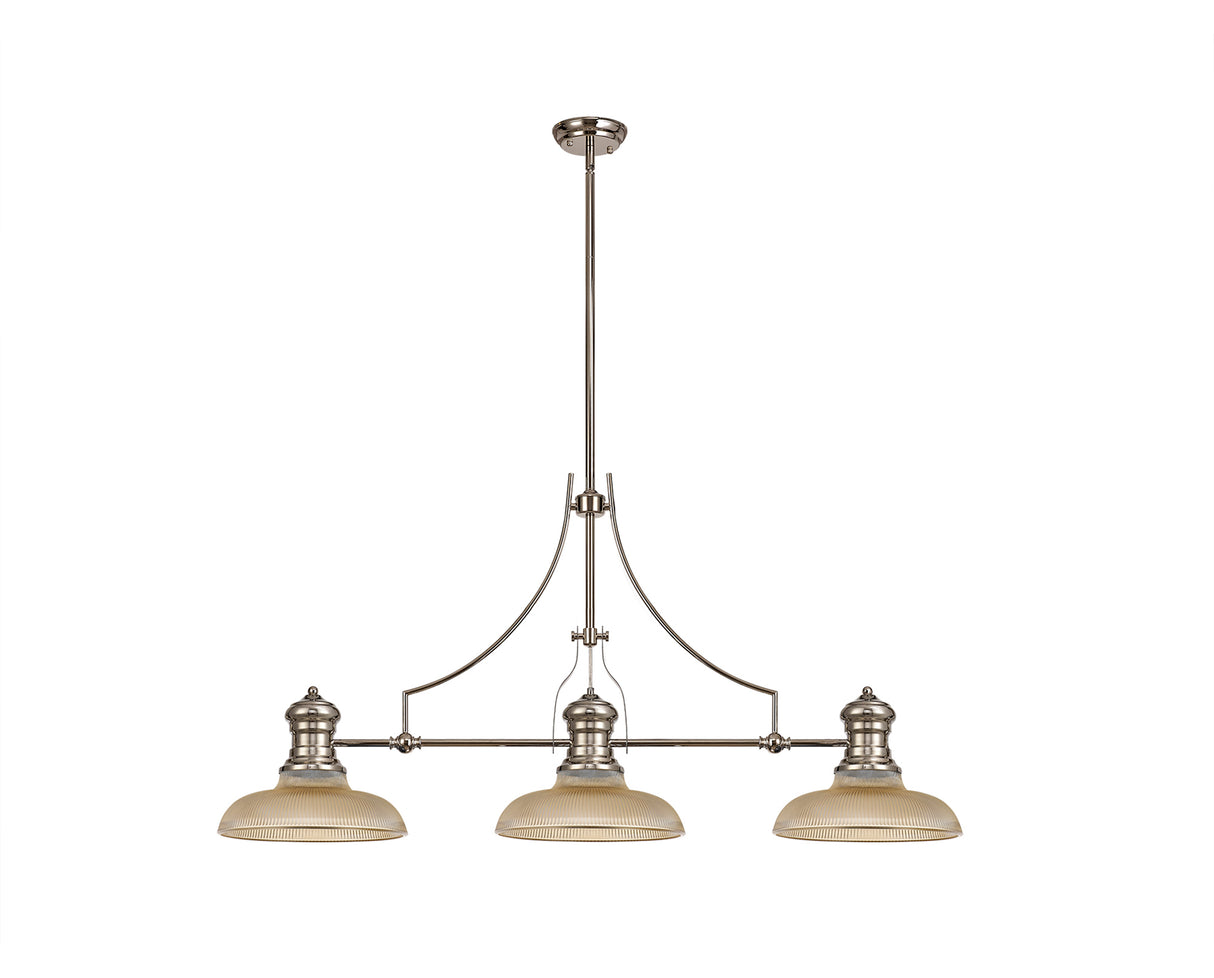 Munro 3 Light Linear Pendant E27 With 30cm Round Glass Shade, Polished Nickel, Amber