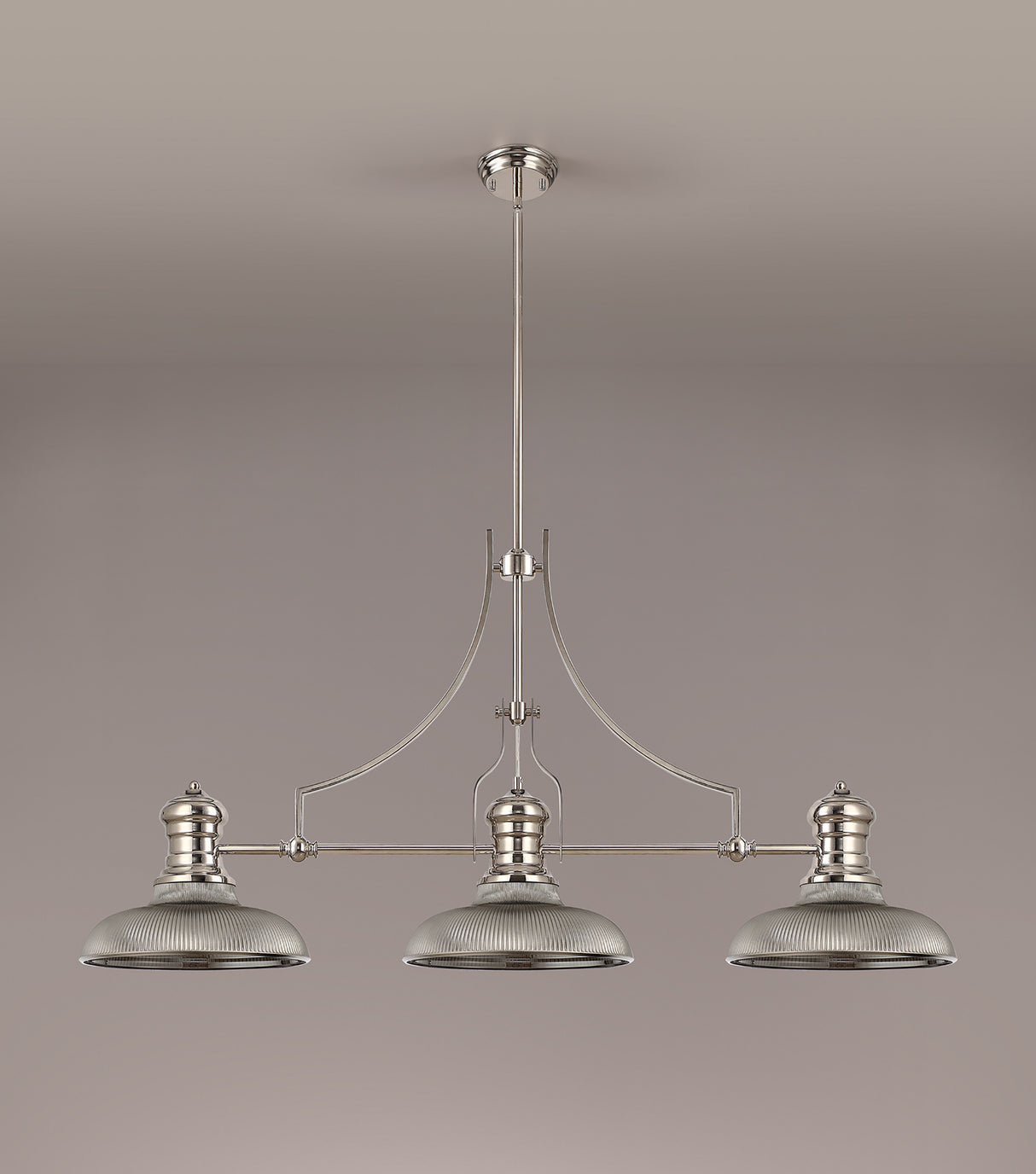 Munro 3 Light Linear Pendant E27 With 30cm Round Glass Shade, Polished Nickel, Smoked