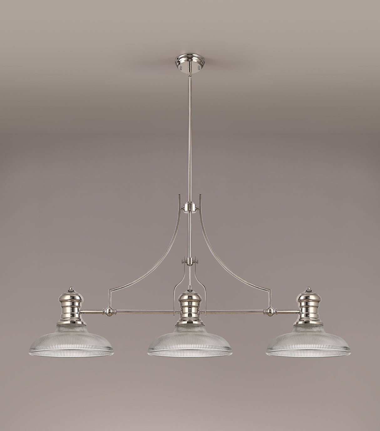 Munro 3 Light Linear Pendant E27 With 30cm Round Glass Shade, Polished Nickel, Clear