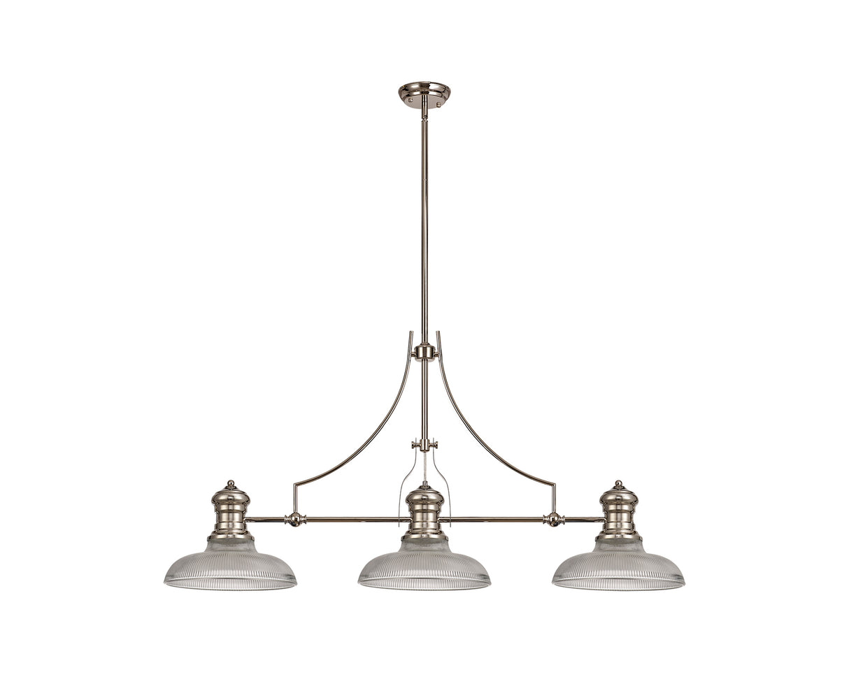 Munro 3 Light Linear Pendant E27 With 30cm Round Glass Shade, Polished Nickel, Clear