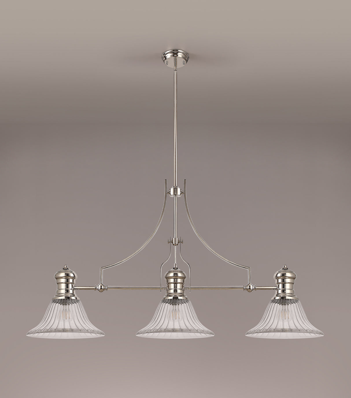 Munro 3 Light Linear Pendant E27 With 30cm Bell Glass Shade, Polished Nickel, Clear