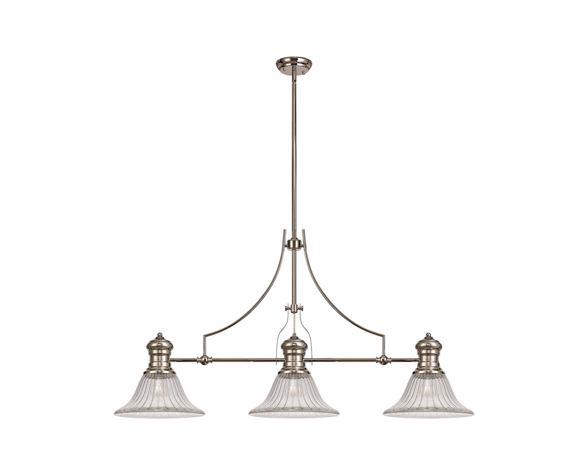 Munro 3 Light Linear Pendant E27 With 30cm Bell Glass Shade, Polished Nickel, Clear