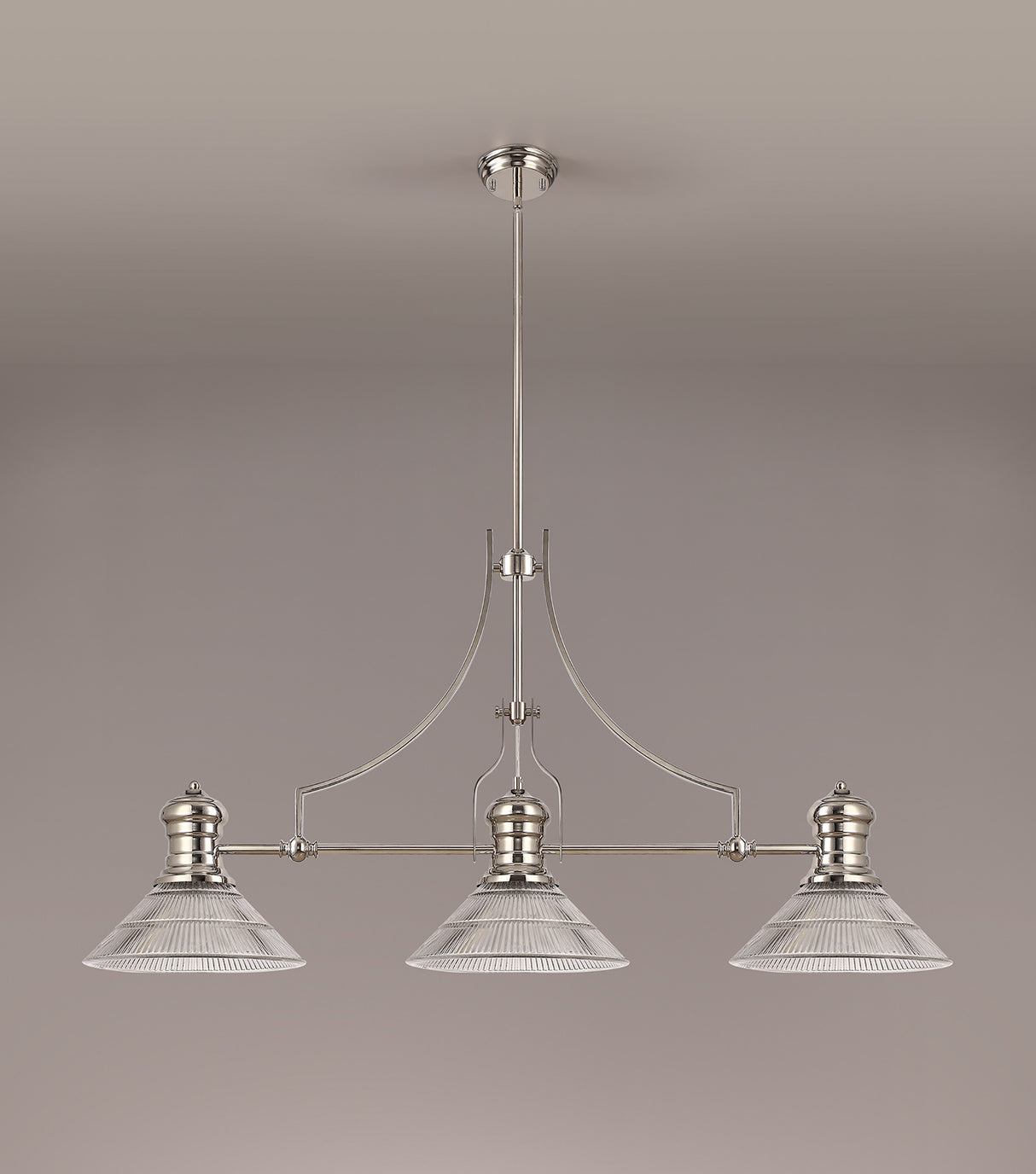 Munro 3 Light Linear Pendant E27 With 30cm Cone Glass Shade, Polished Nickel, Clear