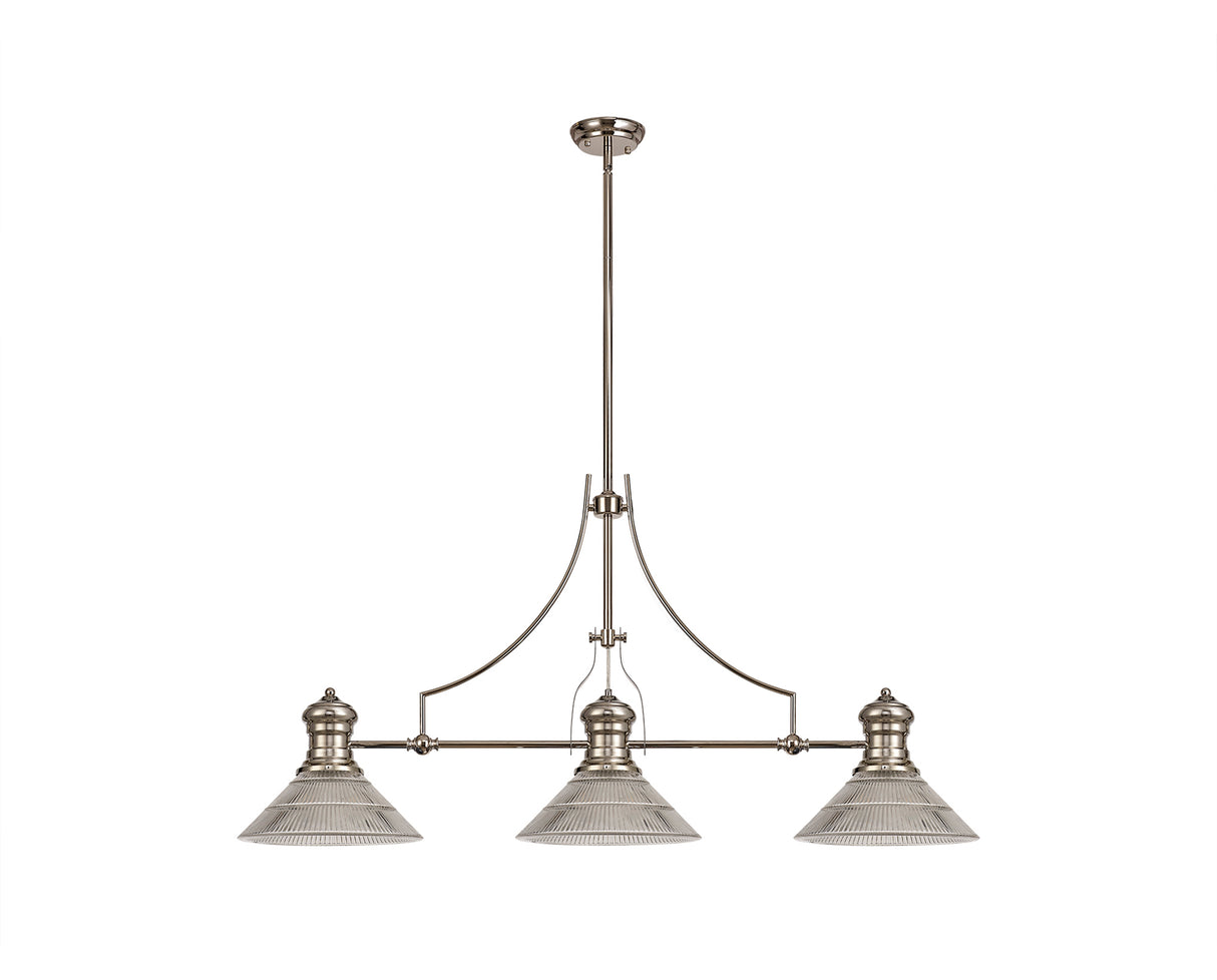 Munro 3 Light Linear Pendant E27 With 30cm Cone Glass Shade, Polished Nickel, Clear