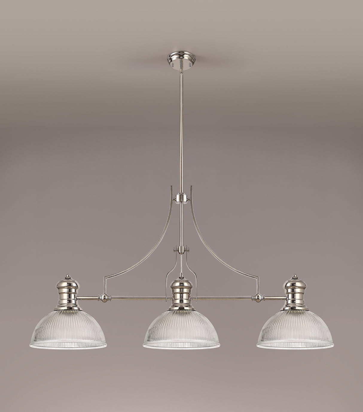 Munro 3 Light Linear Pendant E27 With 30cm Dome Glass Shade, Polished Nickel, Clear