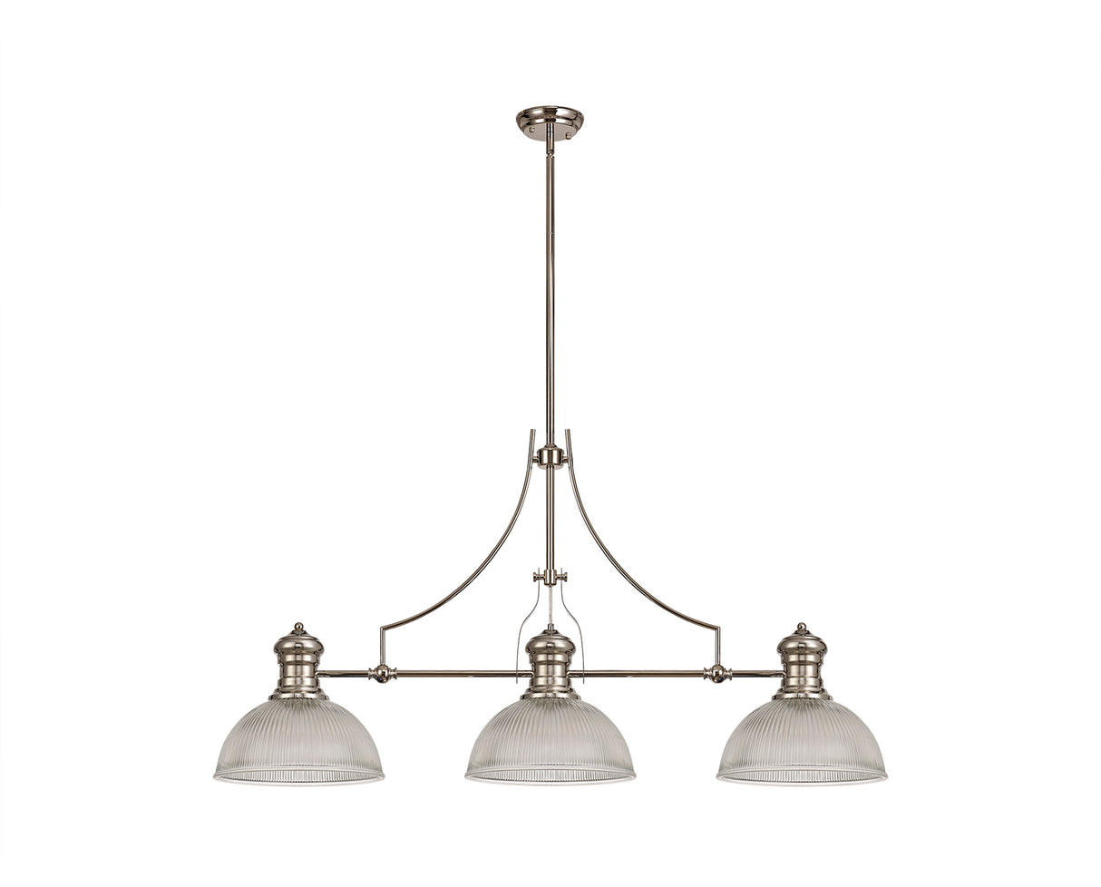 Munro 3 Light Linear Pendant E27 With 30cm Dome Glass Shade, Polished Nickel, Clear