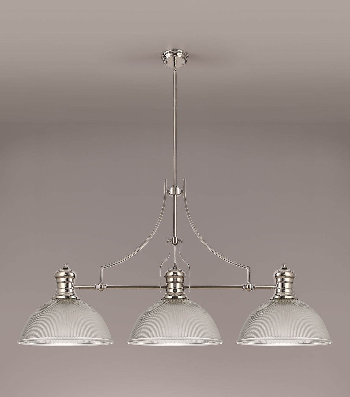 Munro 3 Light Linear Pendant E27 With 38cm Dome Glass Shade, Polished Nickel, Clear