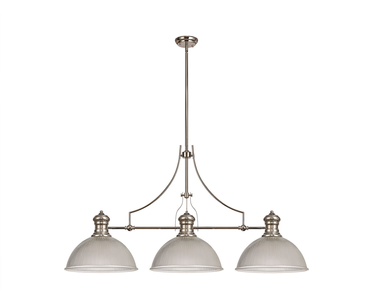 Munro 3 Light Linear Pendant E27 With 38cm Dome Glass Shade, Polished Nickel, Clear