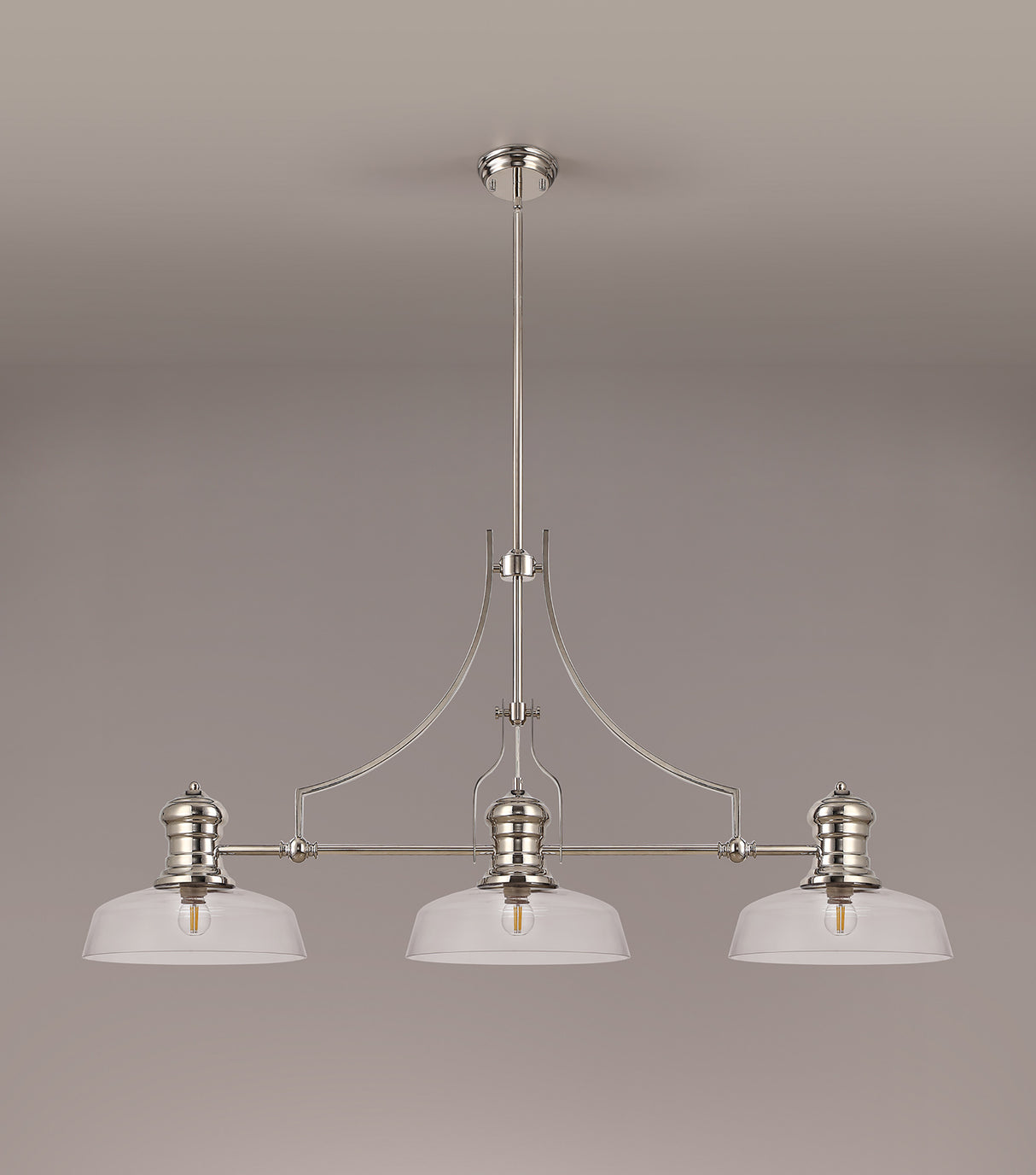 Munro 3 Light Linear Pendant E27 With 30cm Flat Round Glass Shade, Polished Nickel, Clear