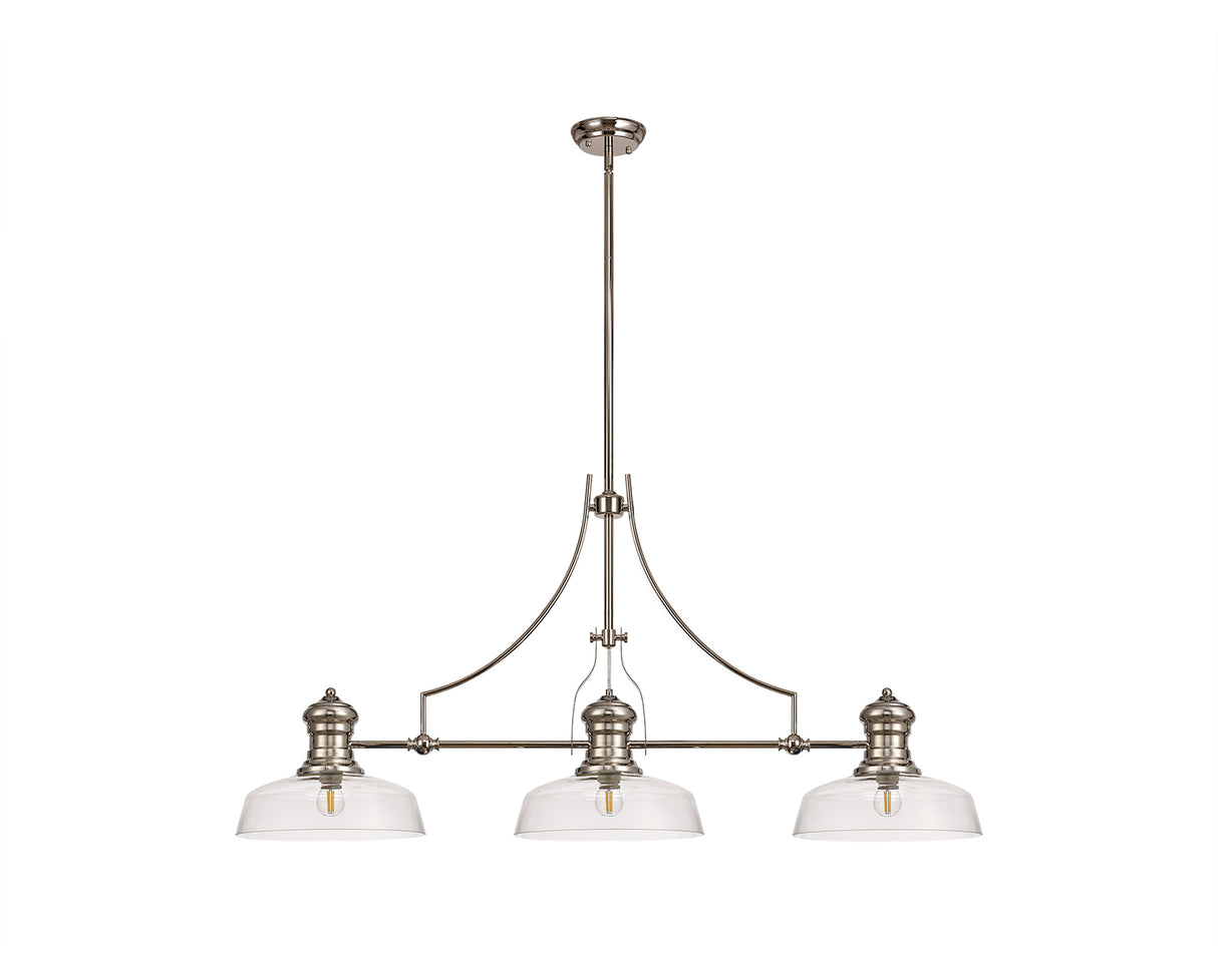 Munro 3 Light Linear Pendant E27 With 30cm Flat Round Glass Shade, Polished Nickel, Clear