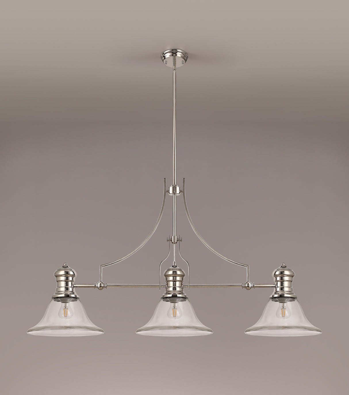 Munro 3 Light Linear Pendant E27 With 30cm Smooth Bell Glass Shade, Polished Nickel, Clear