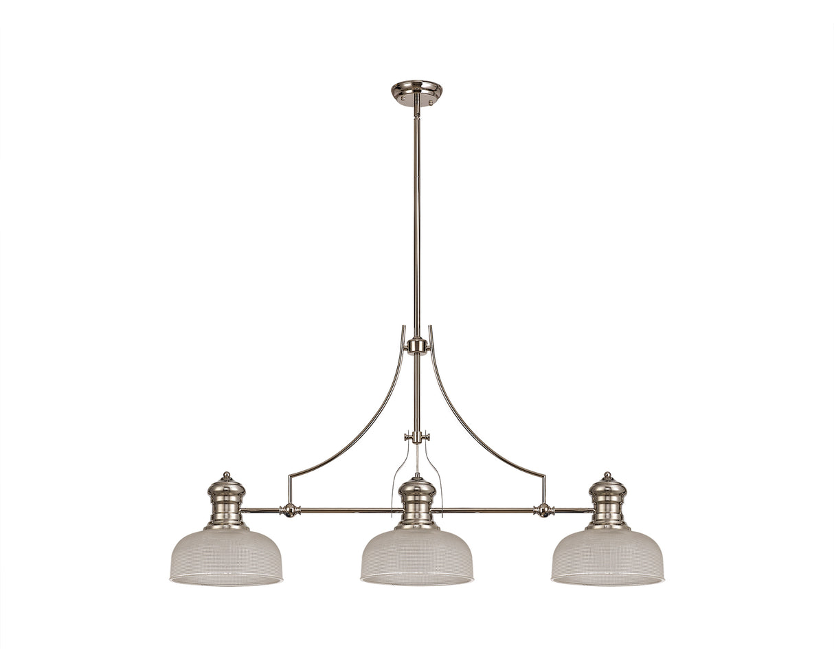 Munro 3 Light Linear Pendant E27 With 26.5cm Prismatic Glass Shade, Polished Nickel, Clear