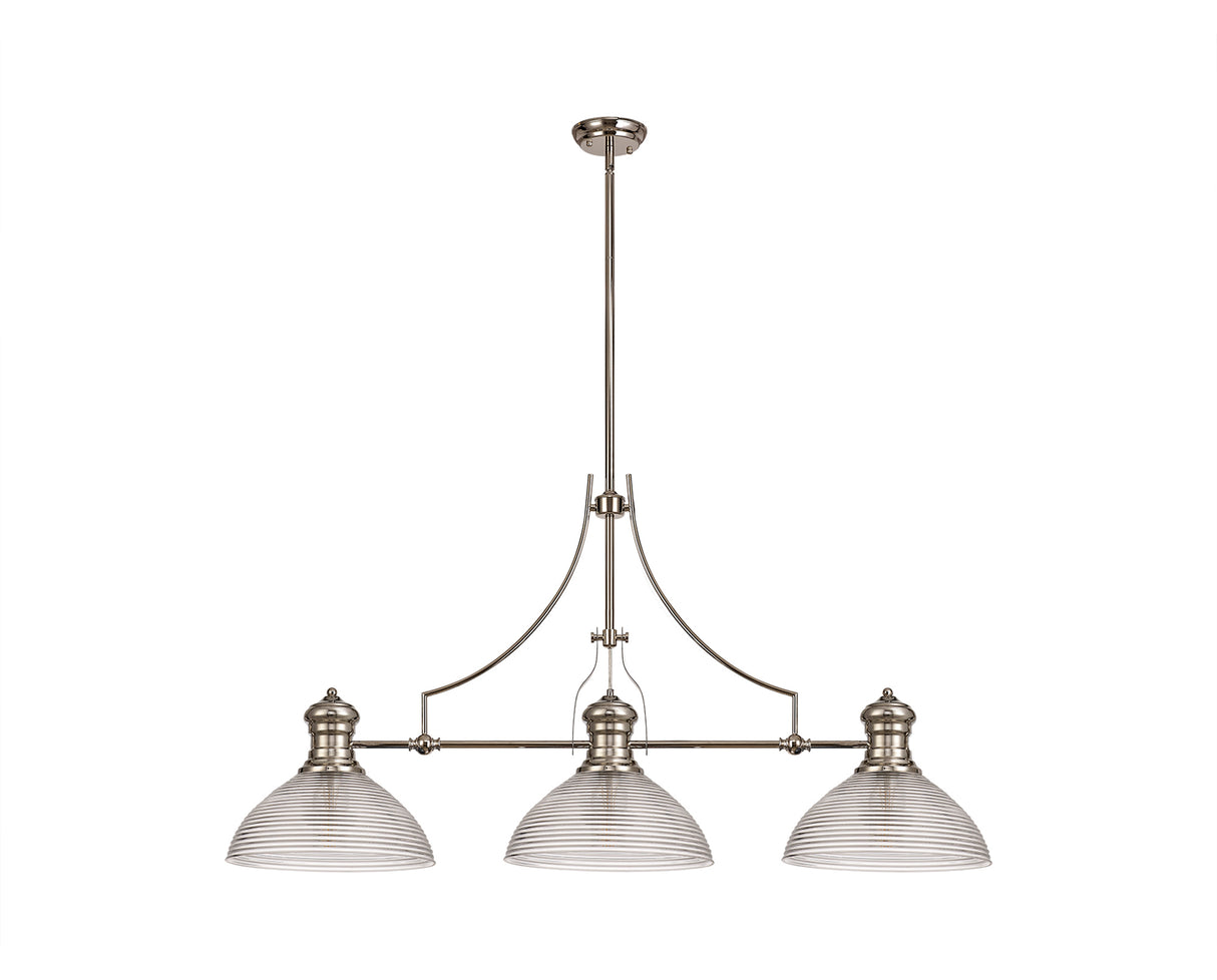 Munro 3 Light Linear Pendant E27 With 33.5cm Prismatic Glass Shade, Polished Nickel, Clear