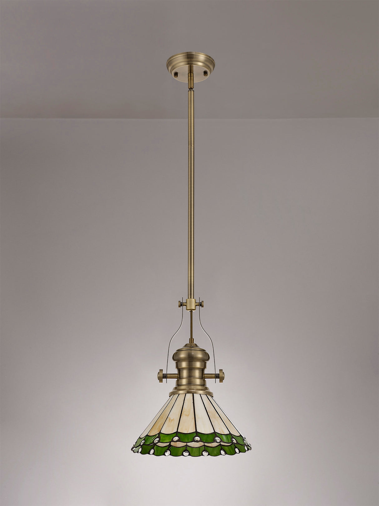 Williams 1 Light Pendant E27 With 30cm Tiffany Shade, Antique Brass/Green/Cream/Crystal
