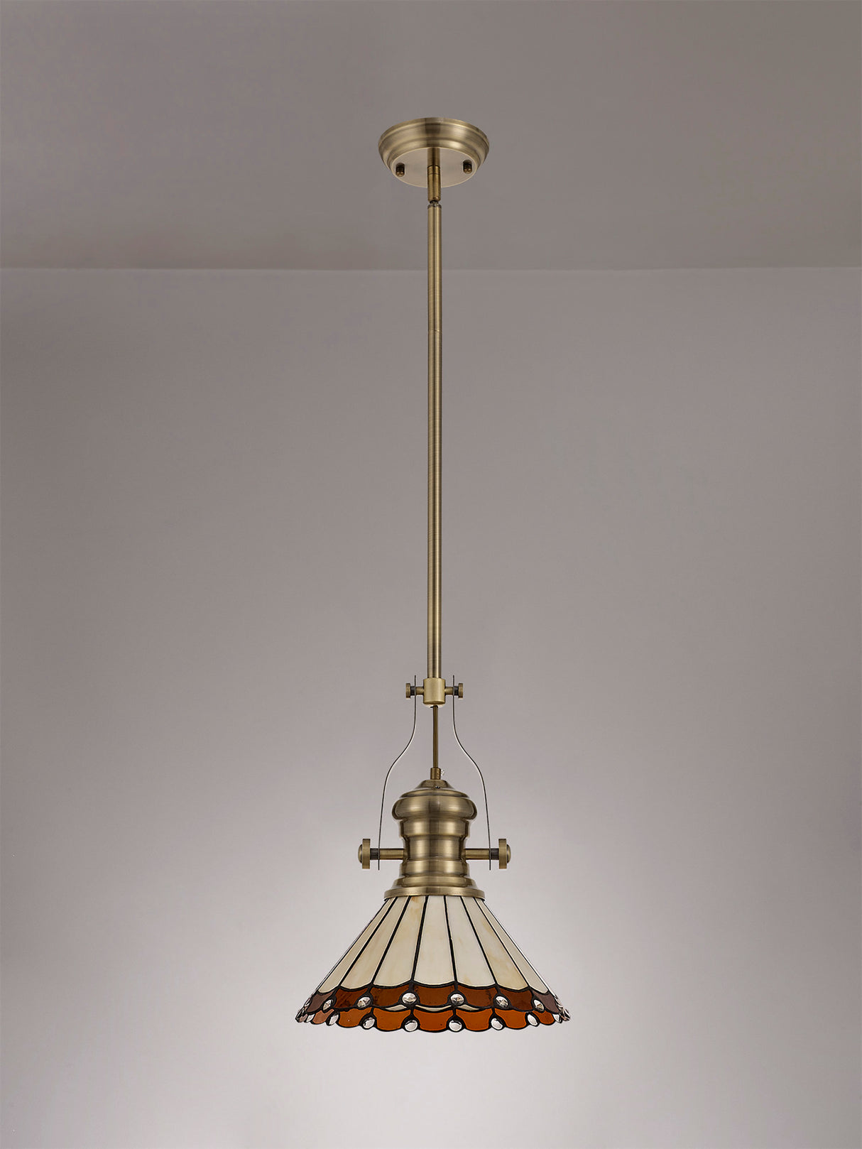 Williams 1 Light Pendant E27 With 30cm Tiffany Shade, Antique Brass/Amber/Cream/Crystal