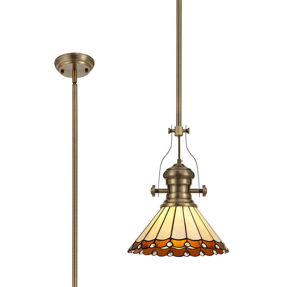 Williams 1 Light Pendant E27 With 30cm Tiffany Shade, Antique Brass/Amber/Cream/Crystal