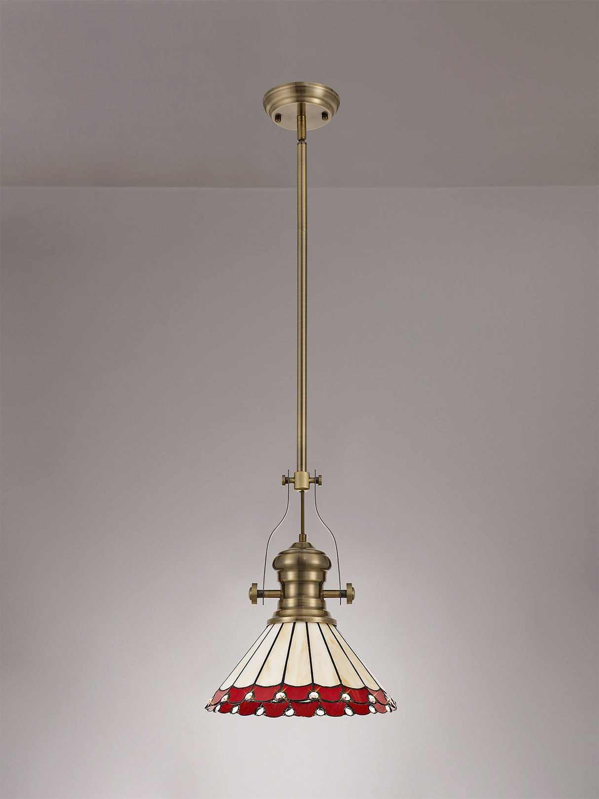 Williams 1 Light Pendant E27 With 30cm Tiffany Shade, Antique Brass/Red/Cream/Crystal