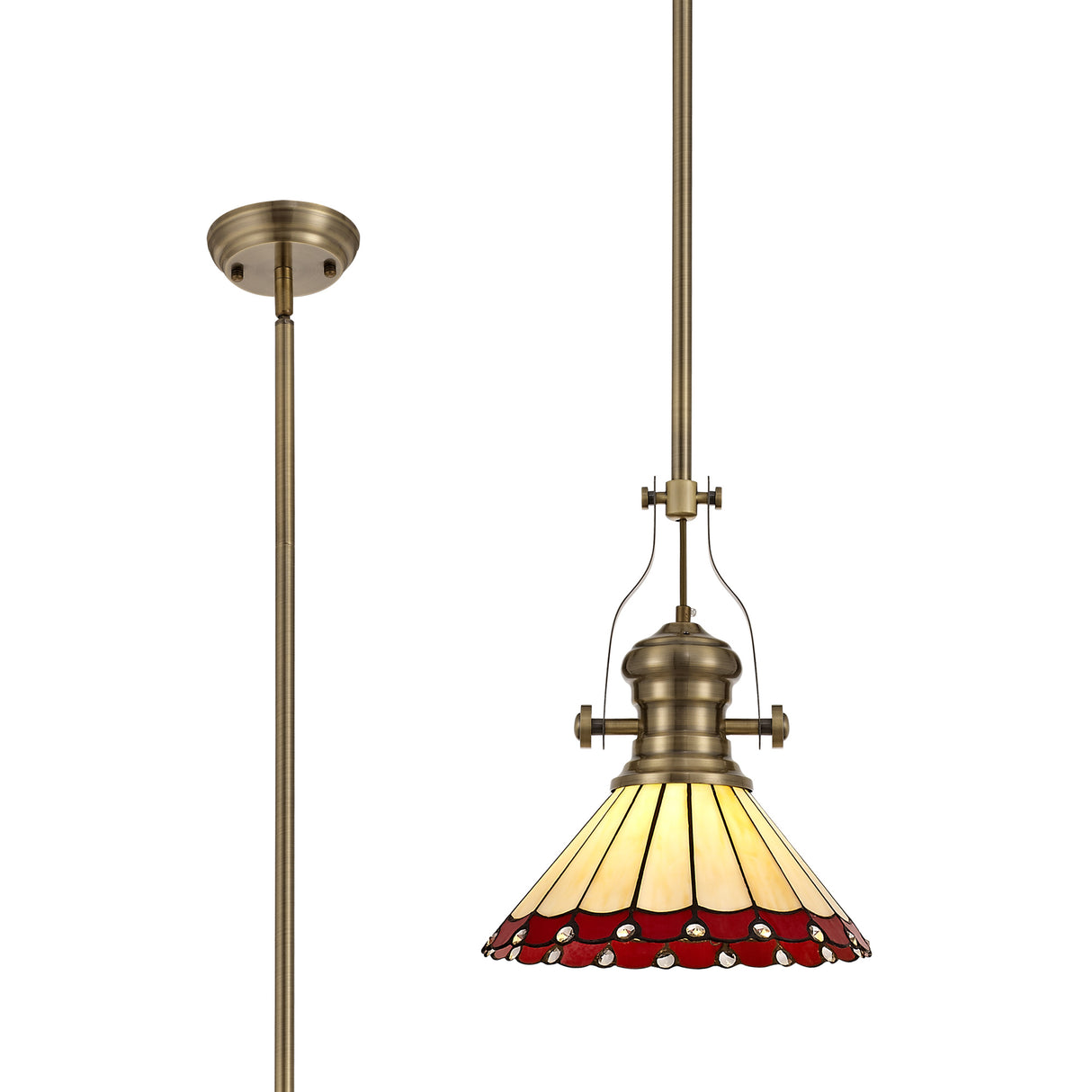 Williams 1 Light Pendant E27 With 30cm Tiffany Shade, Antique Brass/Red/Cream/Crystal