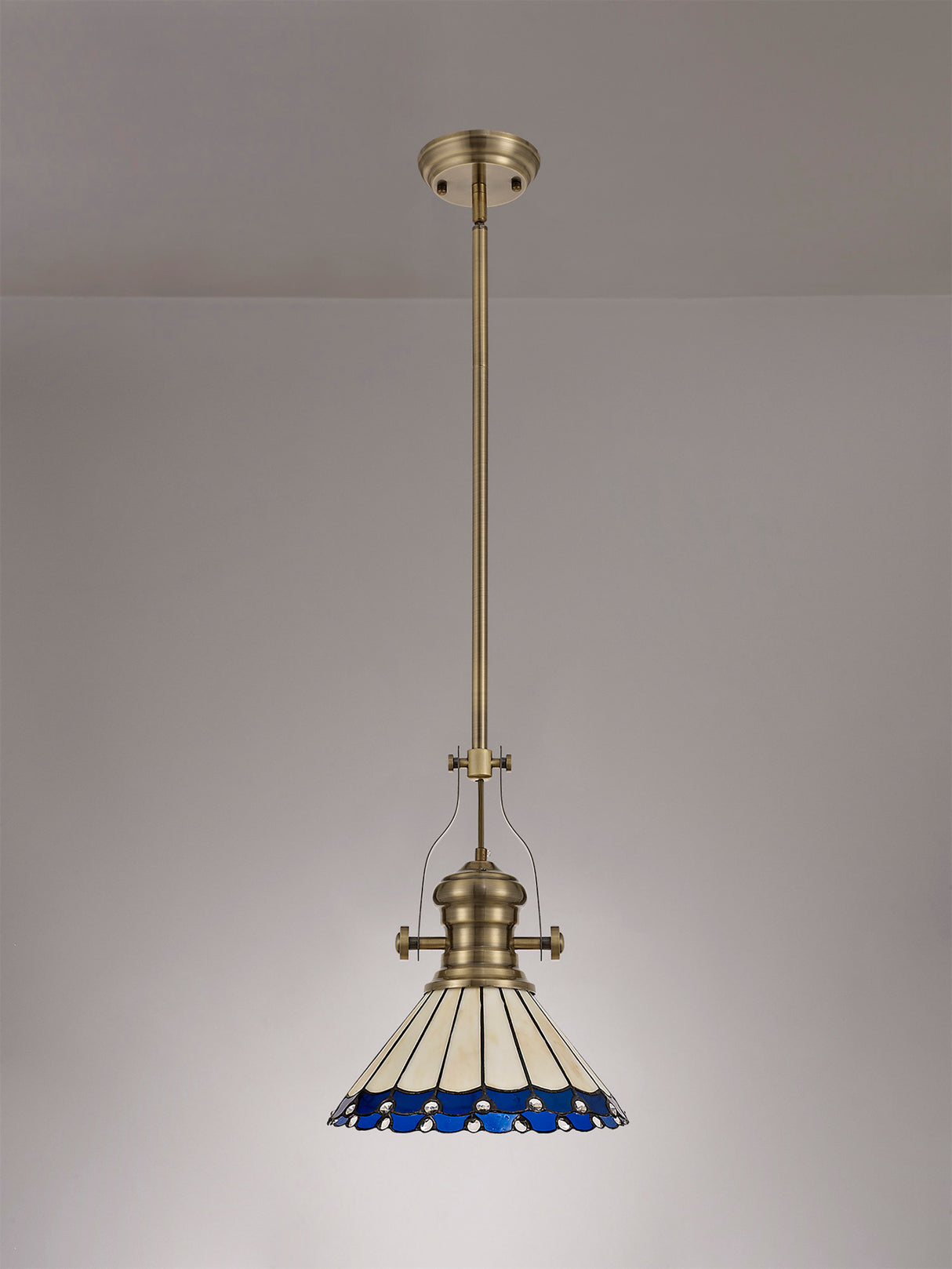 Williams 1 Light Pendant E27 With 30cm Tiffany Shade, Antique Brass/Blue/Cream/Crystal