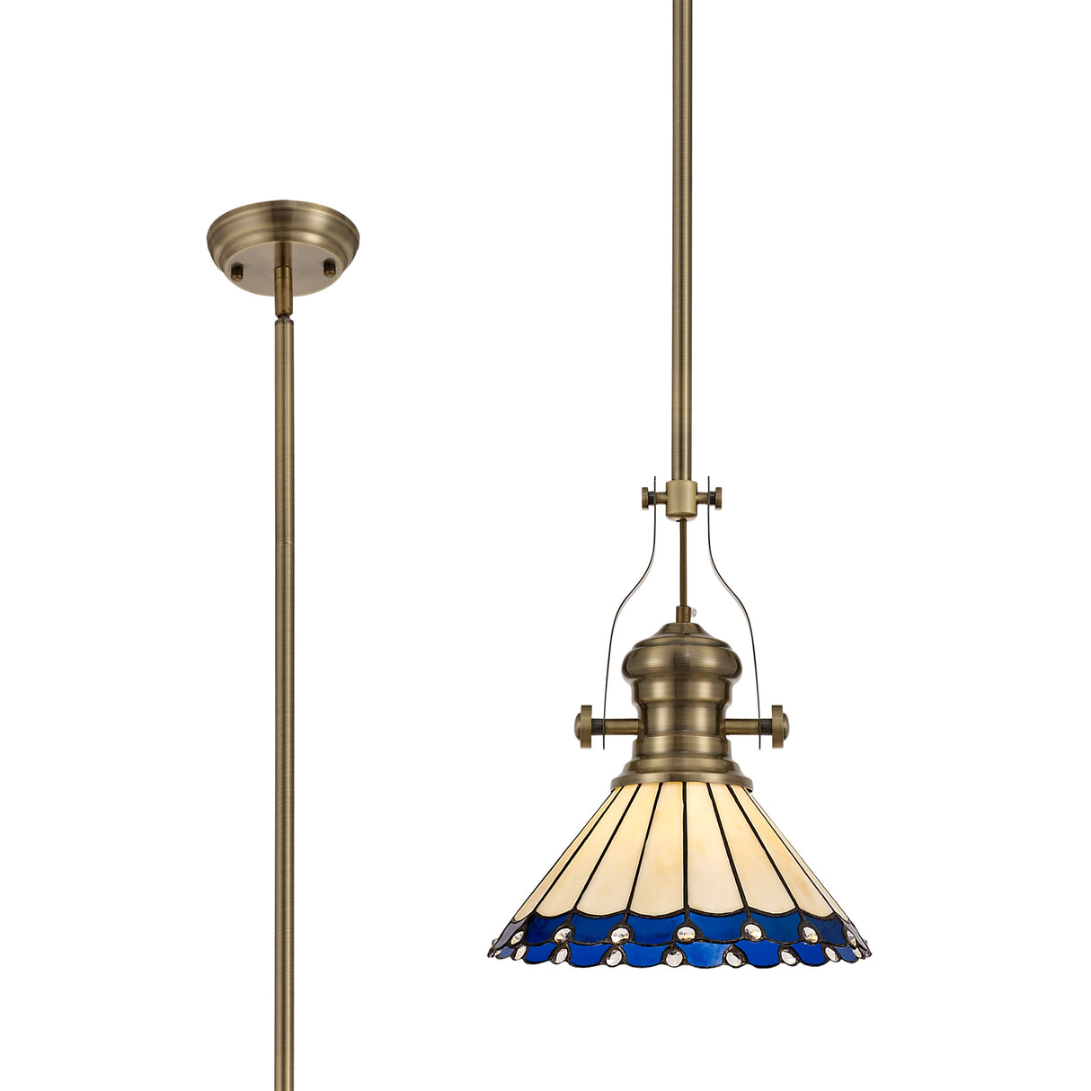 Williams 1 Light Pendant E27 With 30cm Tiffany Shade, Antique Brass/Blue/Cream/Crystal