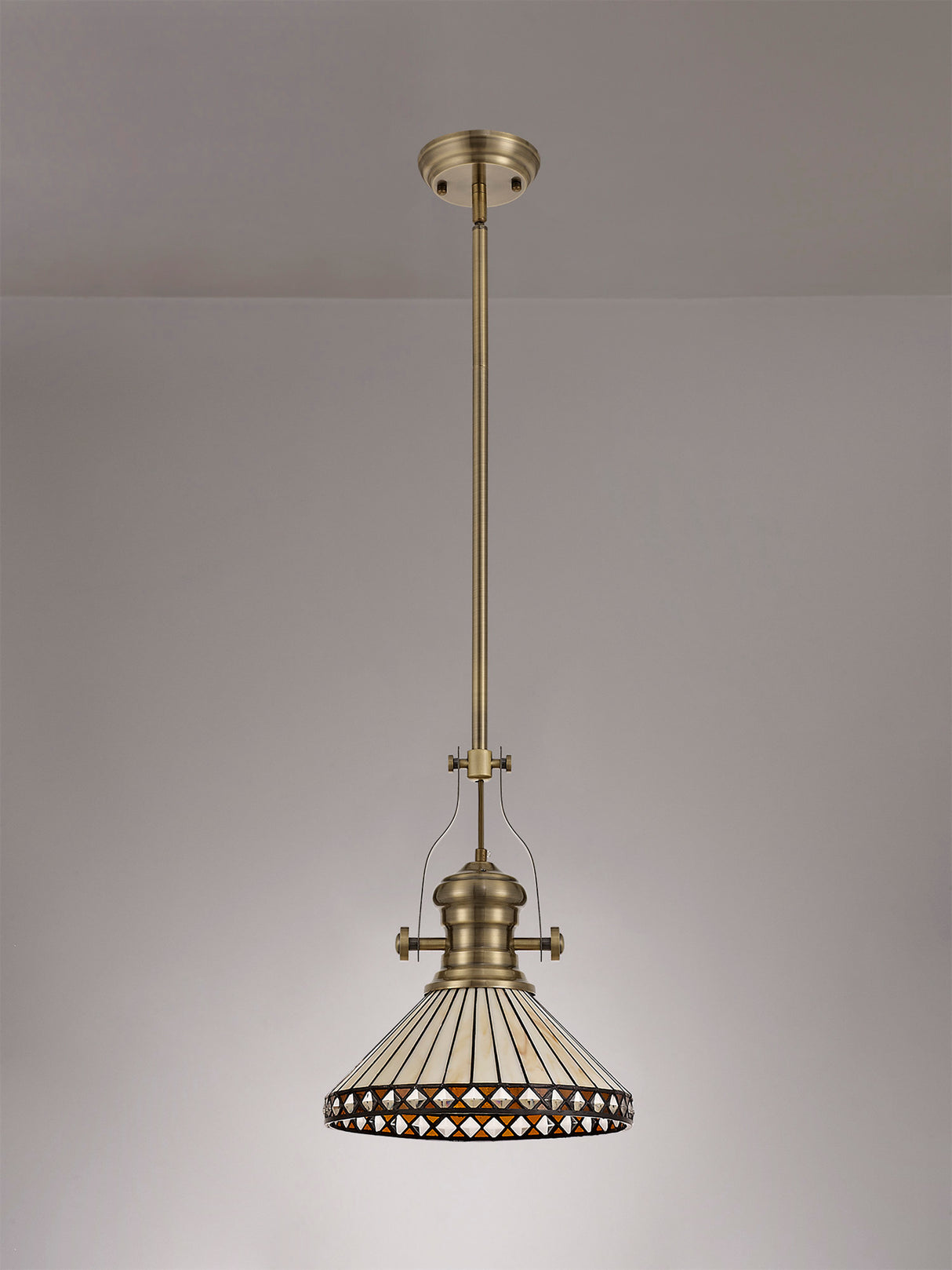 Wearne 1 Light Pendant E27 With 30cm Tiffany Shade, Antique Brass/Amber/Cream/Crystal
