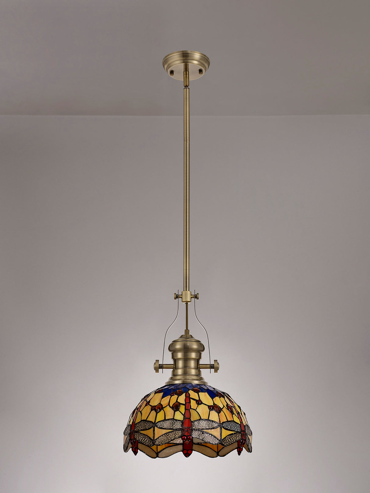 Hinnigan 1 Light Pendant E27 With 30cm Tiffany Shade, Antique Brass/Blue/Orange/Crystal