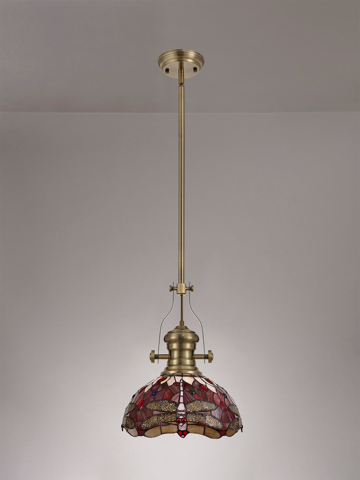 Hinnigan 1 Light Pendant E27 With 30cm Tiffany Shade, Antique Brass/Purple/Pink/Crystal