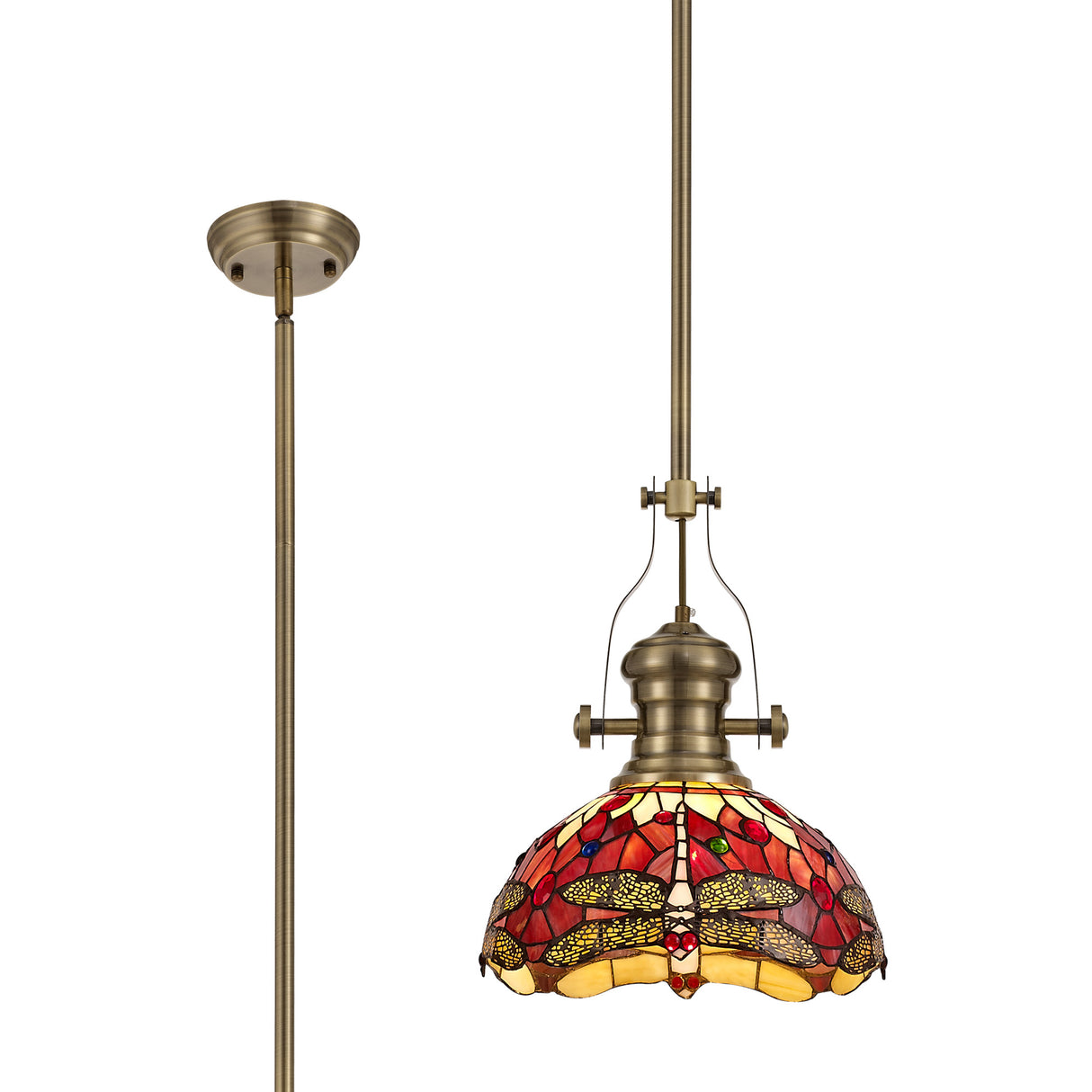 Hinnigan 1 Light Pendant E27 With 30cm Tiffany Shade, Antique Brass/Purple/Pink/Crystal
