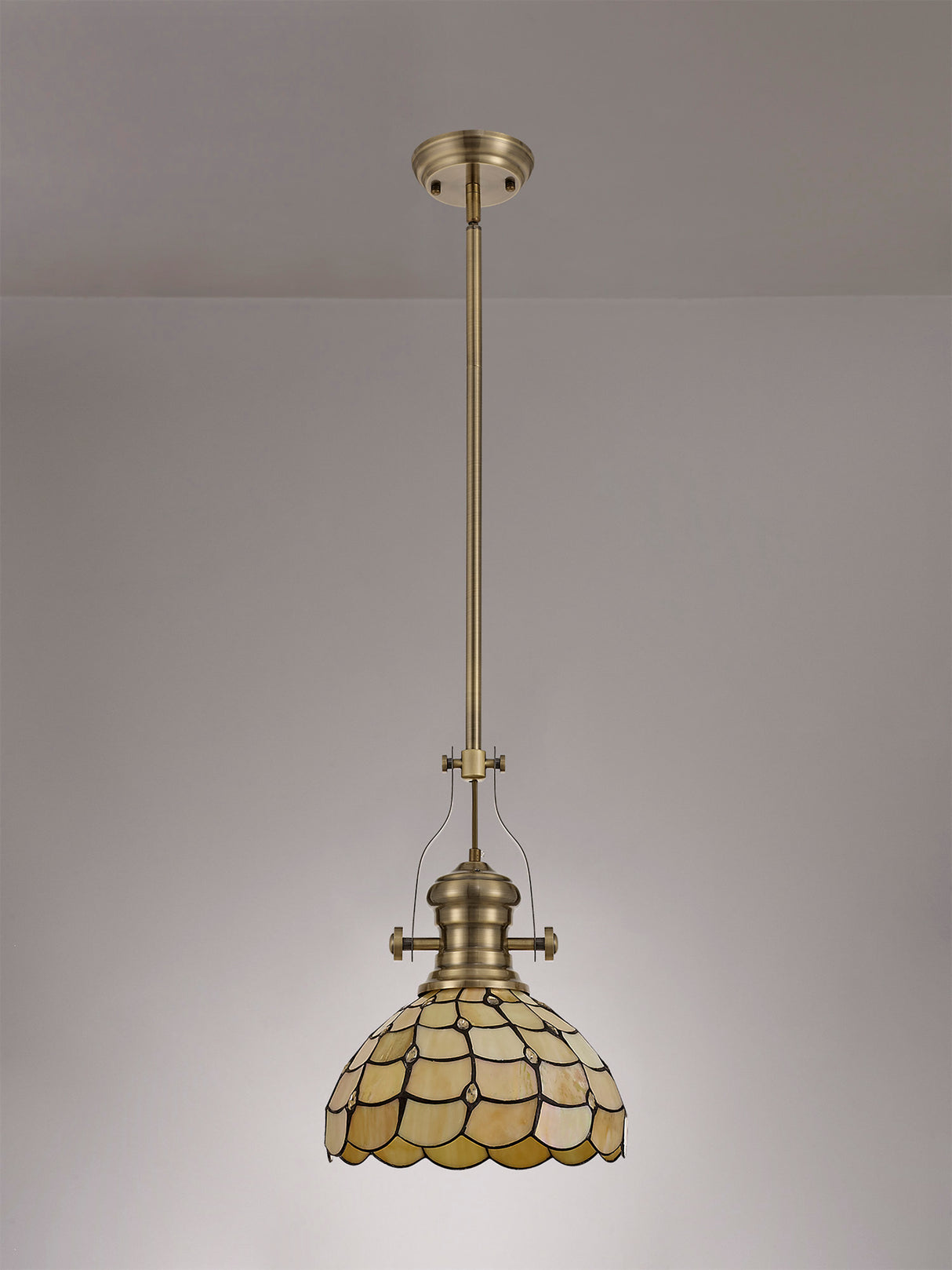 Finney 1 Light Pendant E27 With 30cm Tiffany Shade, Antique Brass/Beige/Clear Crystal
