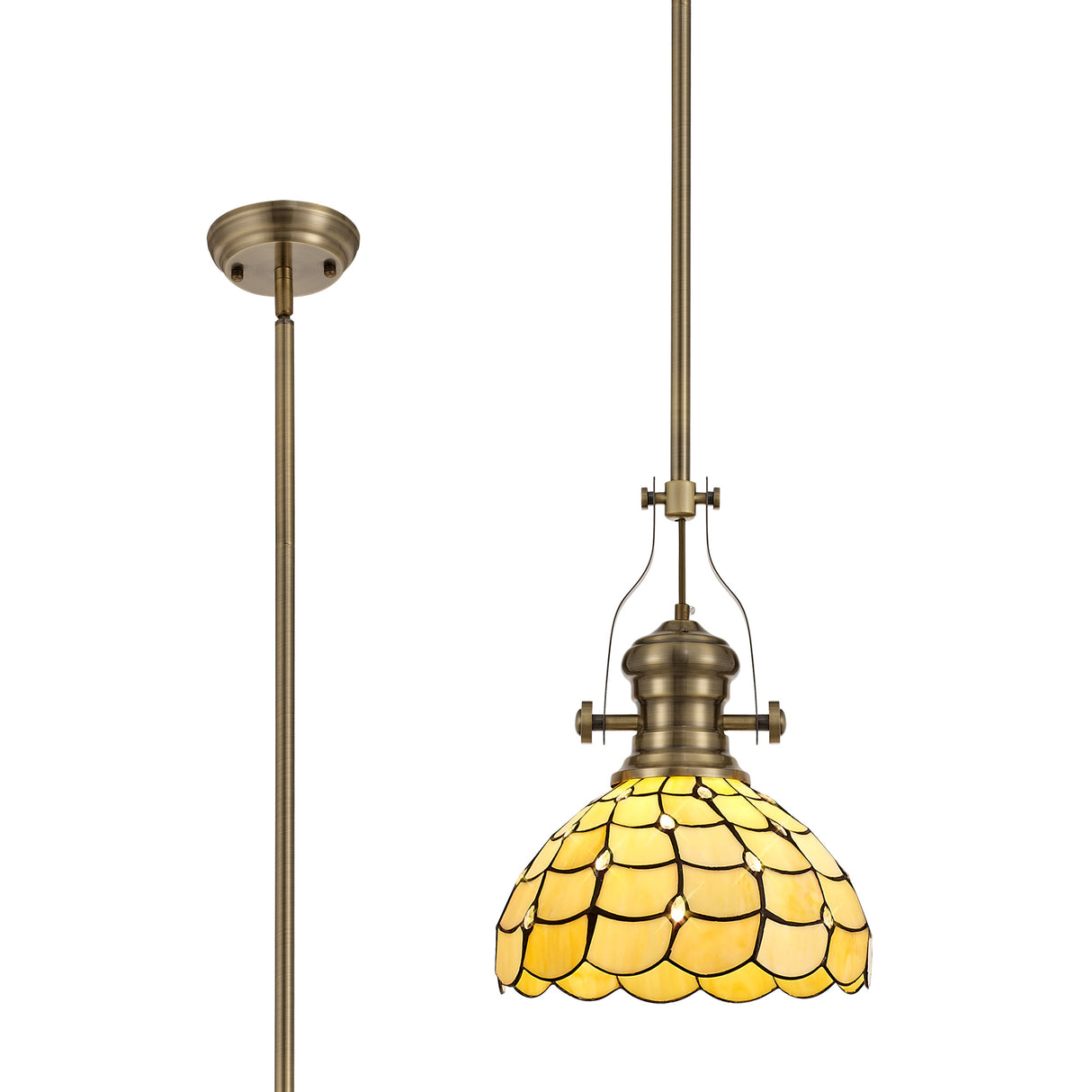 Finney 1 Light Pendant E27 With 30cm Tiffany Shade, Antique Brass/Beige/Clear Crystal
