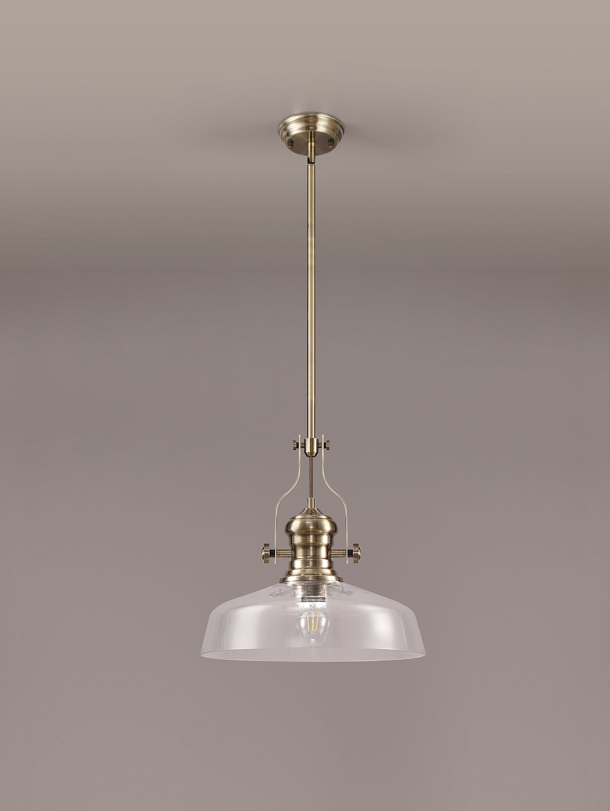Munro Pendant With 38cm Flat Round Shade, 1 x E27, Antique Brass/Clear Glass
