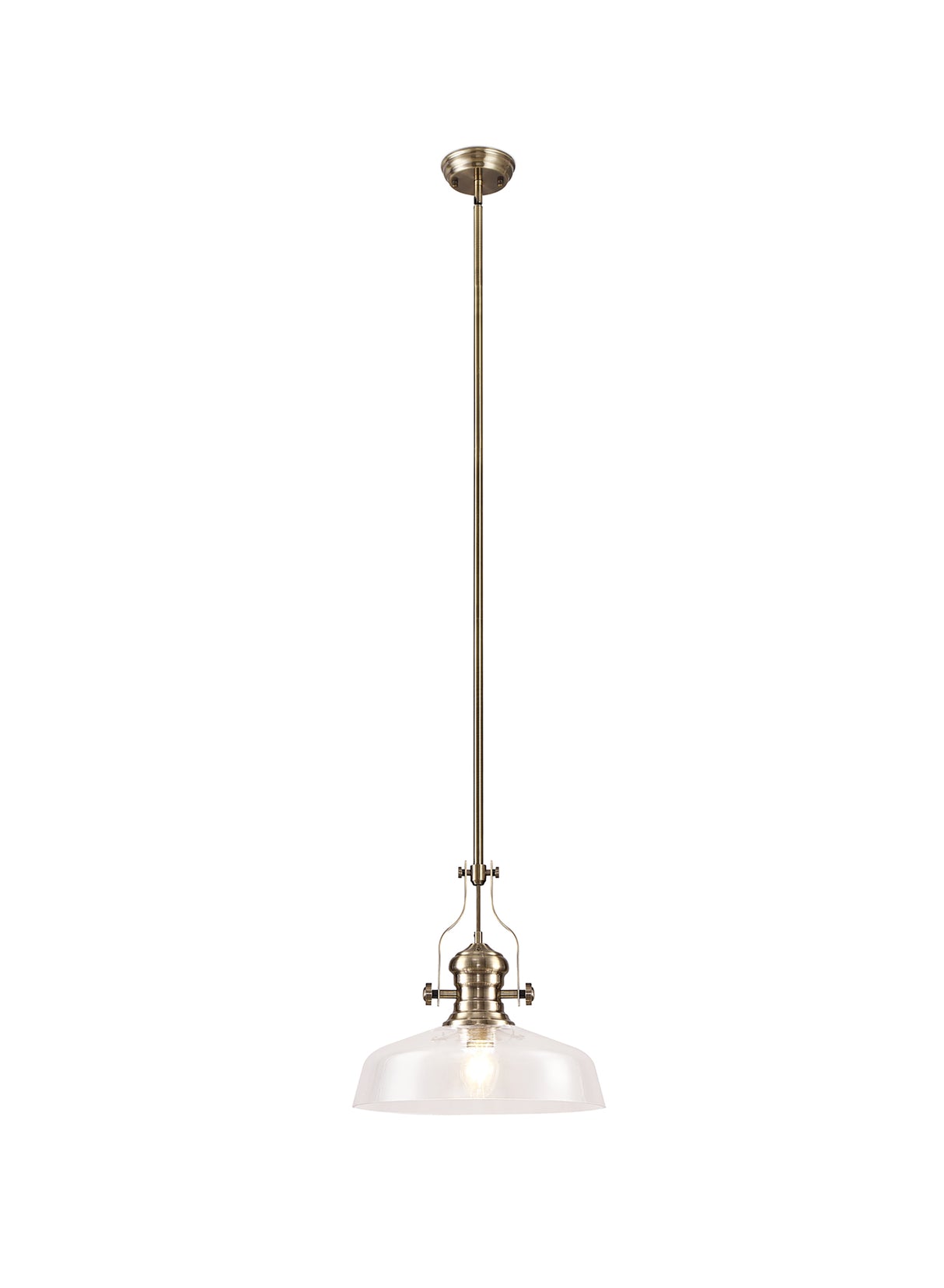 Munro Pendant With 38cm Flat Round Shade, 1 x E27, Antique Brass/Clear Glass