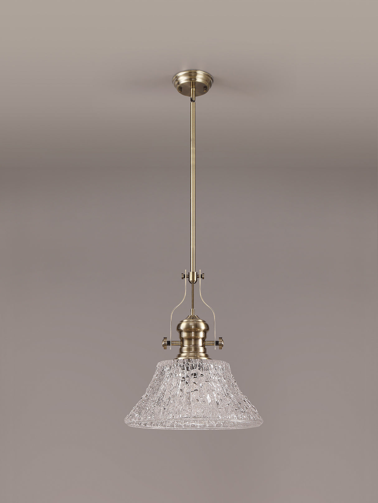 Munro Pendant With 38cm Patterned Round Shade, 1 x E27, Antique Brass/Clear Glass
