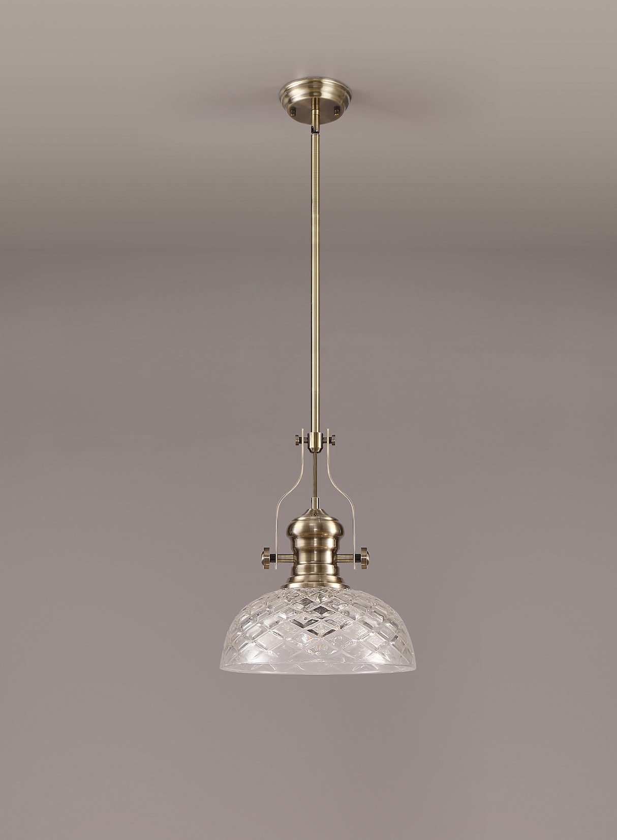 Munro Pendant With 30cm Flat Round Patterned Shade, 1 x E27, Antique Brass/Clear Glass