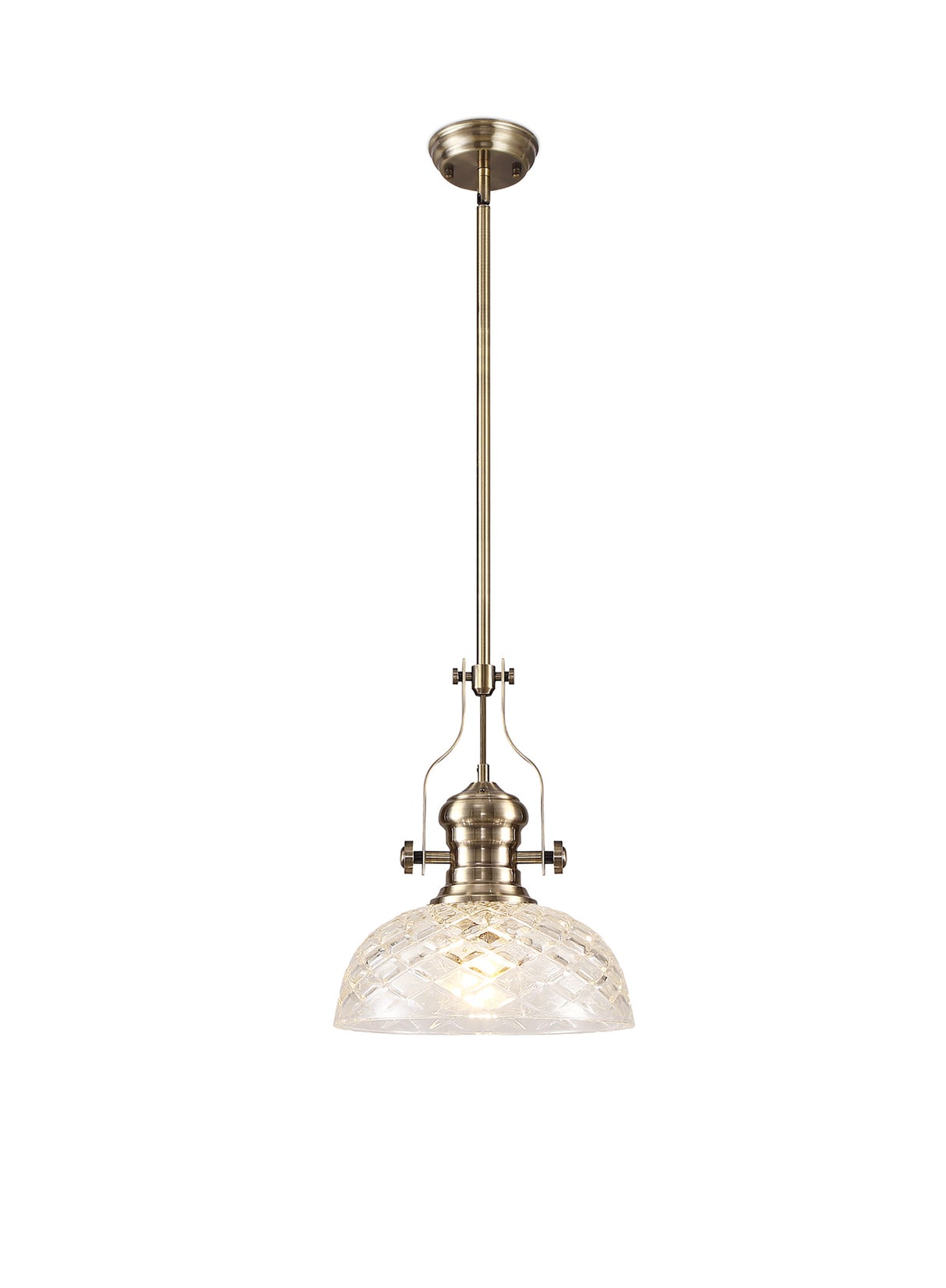 Munro Pendant With 30cm Flat Round Patterned Shade, 1 x E27, Antique Brass/Clear Glass