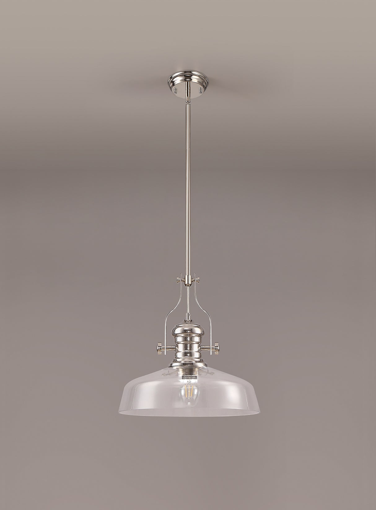 Munro Pendant With 38cm Flat Round Shade, 1 x E27, Polished Nickel/Clear Glass