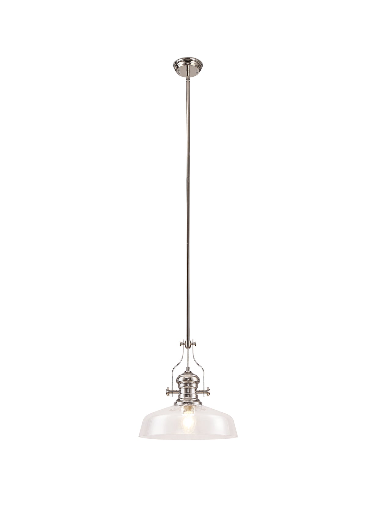 Munro Pendant With 38cm Flat Round Shade, 1 x E27, Polished Nickel/Clear Glass