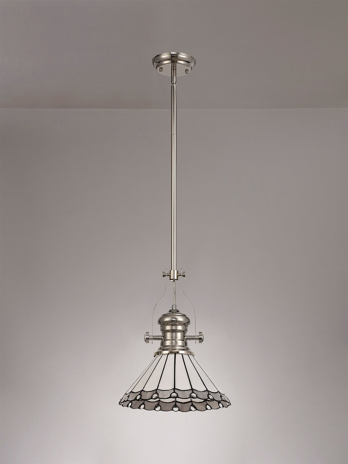 Williams 1 Light Pendant E27 With 30cm Tiffany Shade, Polished Nickel/Grey/Cream/Crystal