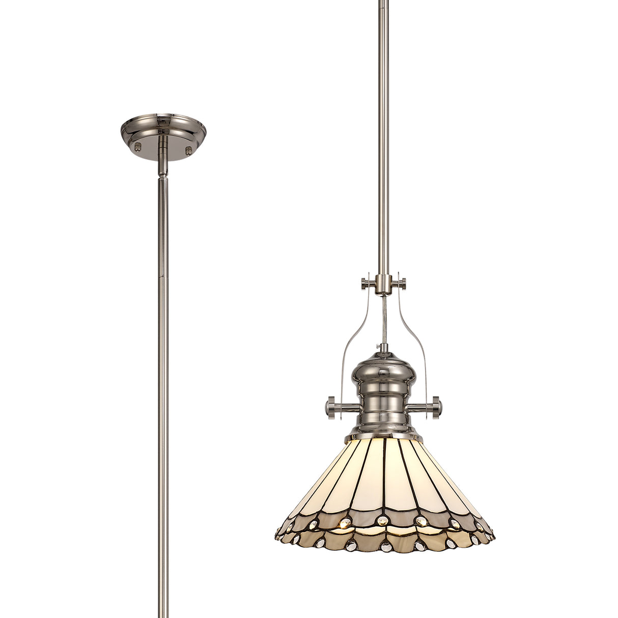 Williams 1 Light Pendant E27 With 30cm Tiffany Shade, Polished Nickel/Grey/Cream/Crystal