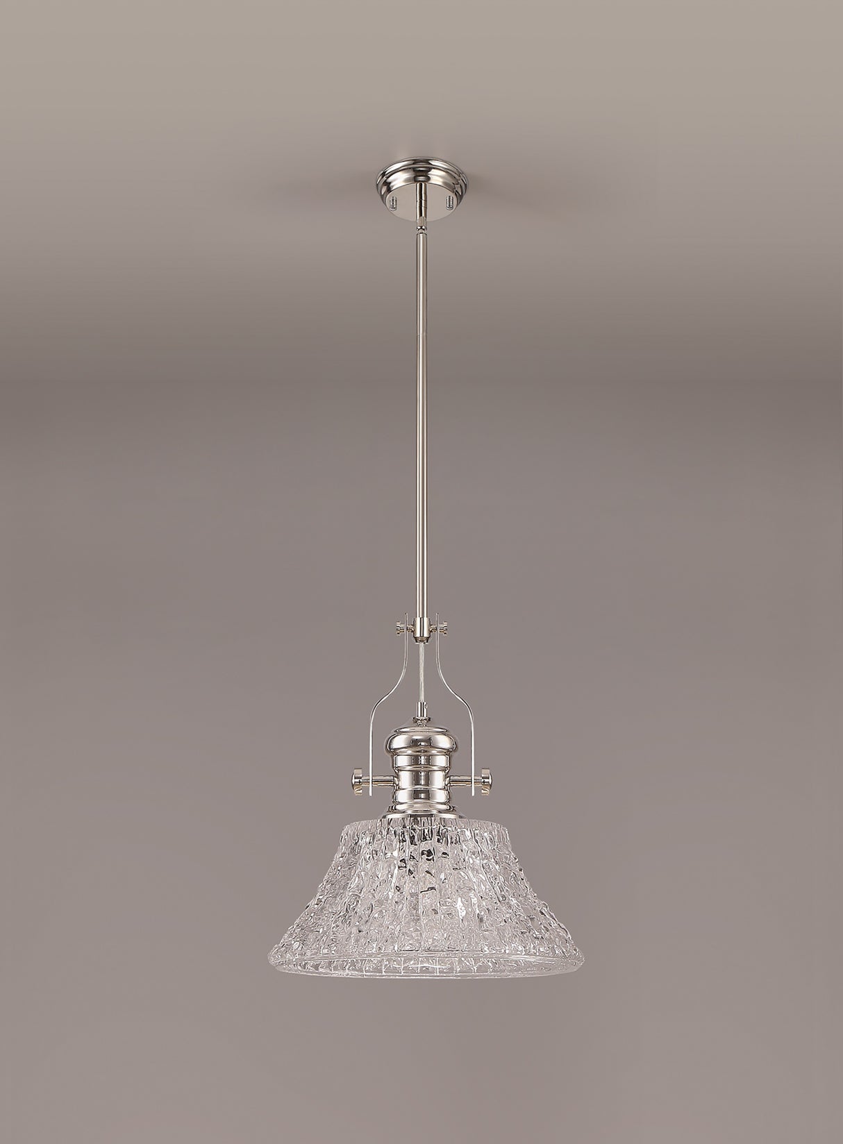 Munro Pendant With 38cm Patterned Round Shade, 1 x E27, Polished Nickel/Clear Glass