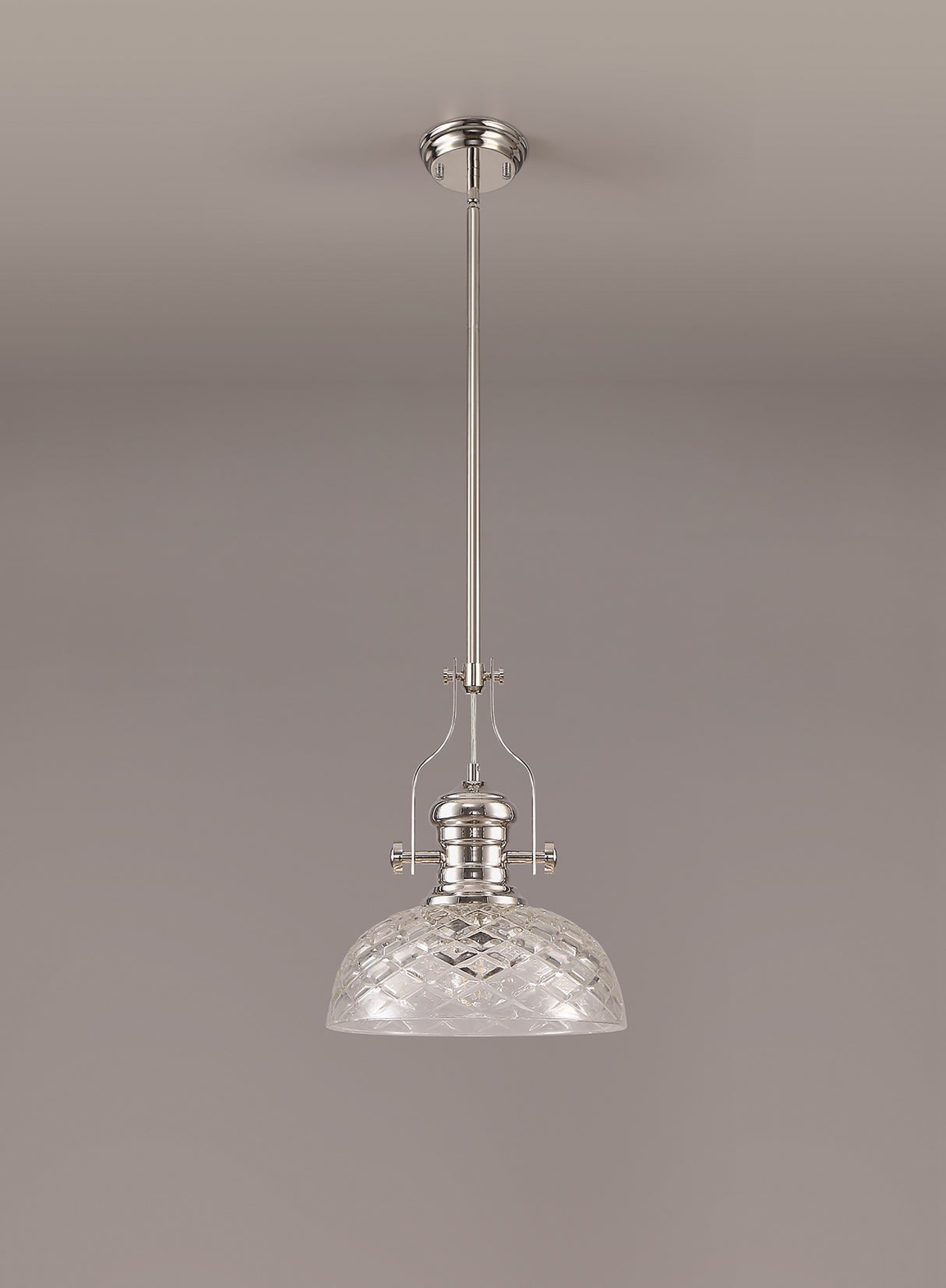 Munro Pendant With 30cm Flat Round Patterned Shade, 1 x E27, Polished Nickel/Clear Glass