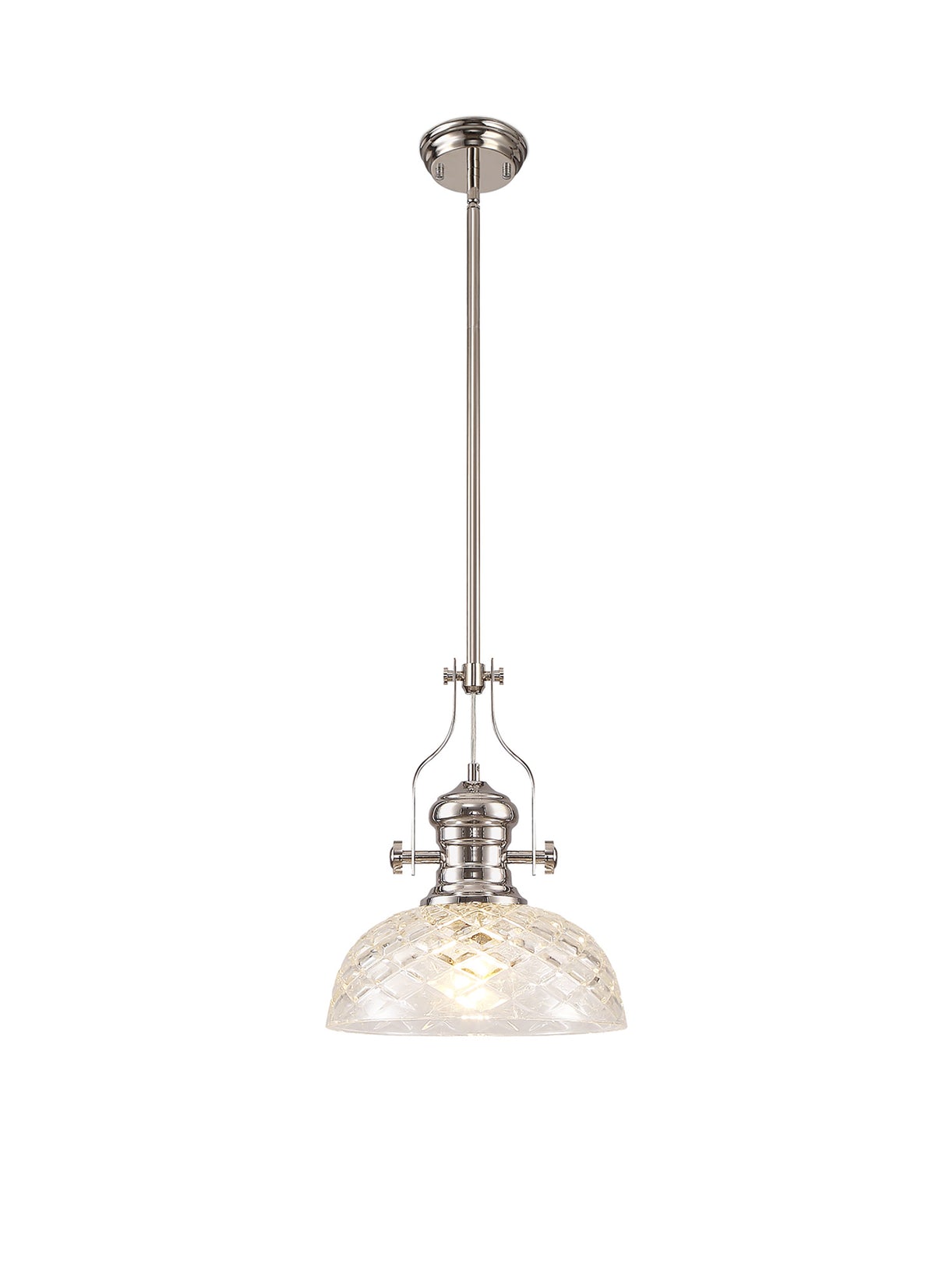 Munro Pendant With 30cm Flat Round Patterned Shade, 1 x E27, Polished Nickel/Clear Glass