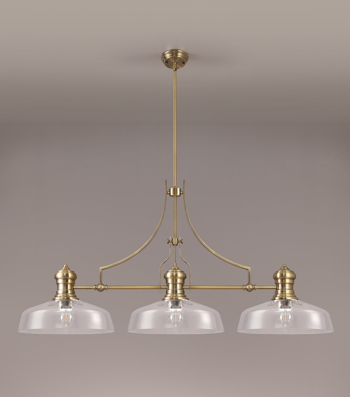 Munro Linear Pendant With 38cm Flat Round Shade, 3 x E27, Antique Brass/Clear Glass