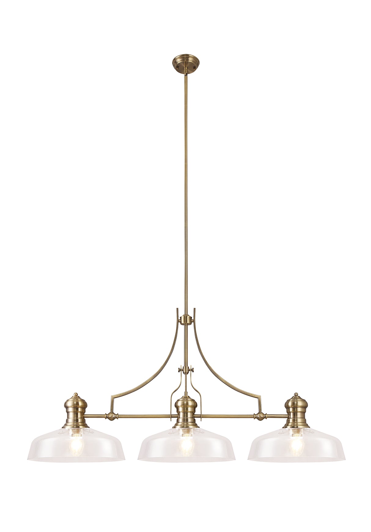 Munro Linear Pendant With 38cm Flat Round Shade, 3 x E27, Antique Brass/Clear Glass