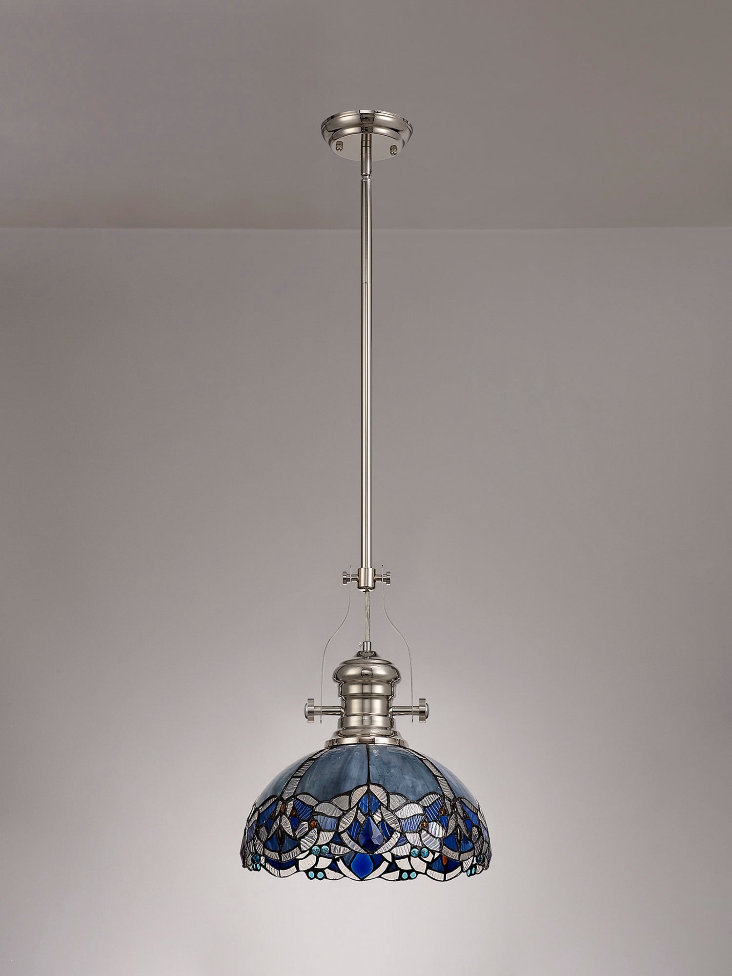 Siddall 1 Light Pendant E27 With 30cm Tiffany Shade, Polished Nickel/Blue/Clear Crystal