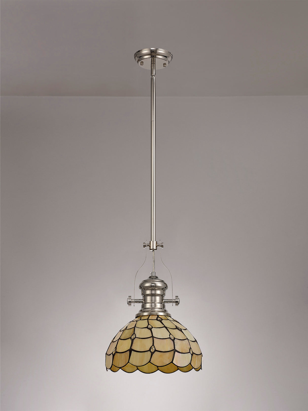 Finney 1 Light Pendant E27 With 30cm Tiffany Shade, Polished Nickel/Beige/Clear Crystal