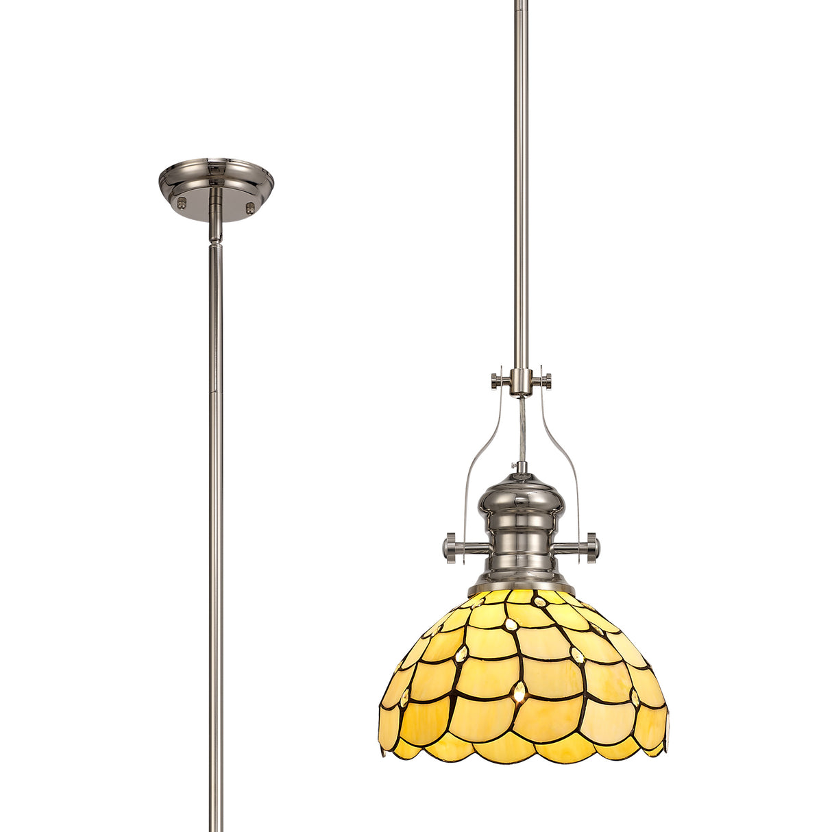 Finney 1 Light Pendant E27 With 30cm Tiffany Shade, Polished Nickel/Beige/Clear Crystal