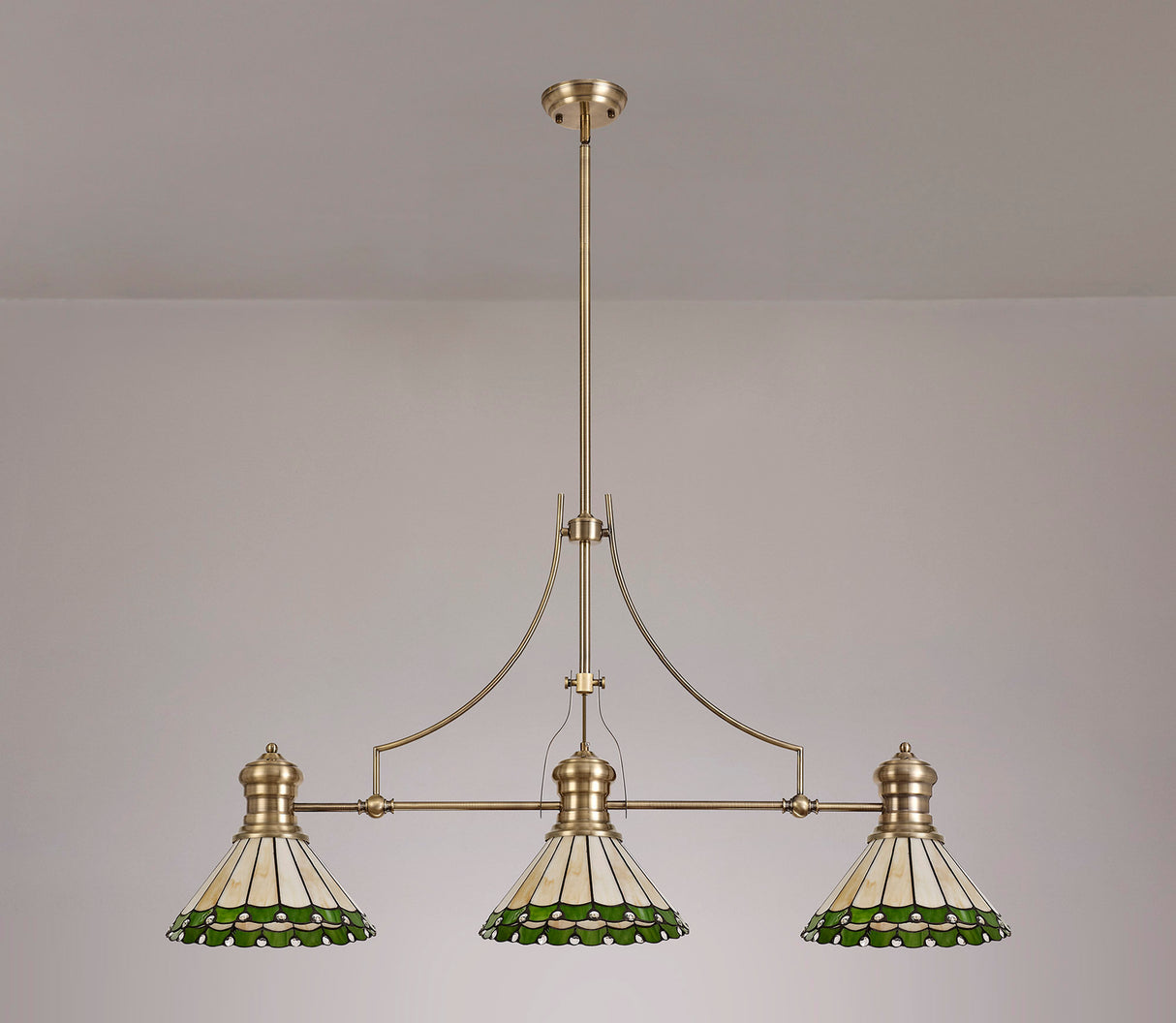 Williams 3 Light Linear Pendant E27 With 30cm Tiffany Shade, Antique Brass, Green, Cream, Crystal