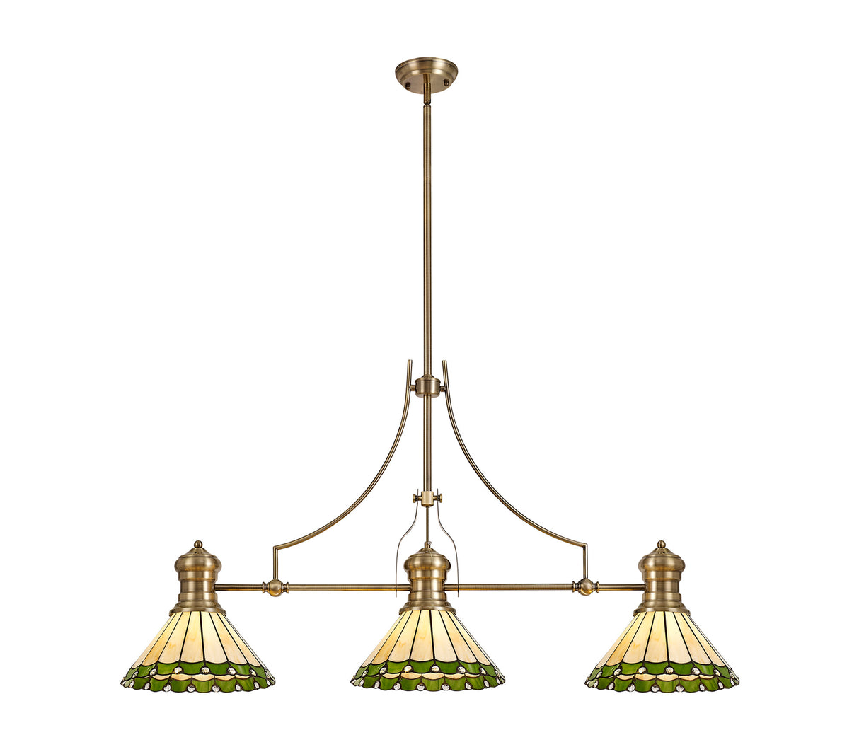 Williams 3 Light Linear Pendant E27 With 30cm Tiffany Shade, Antique Brass, Green, Cream, Crystal